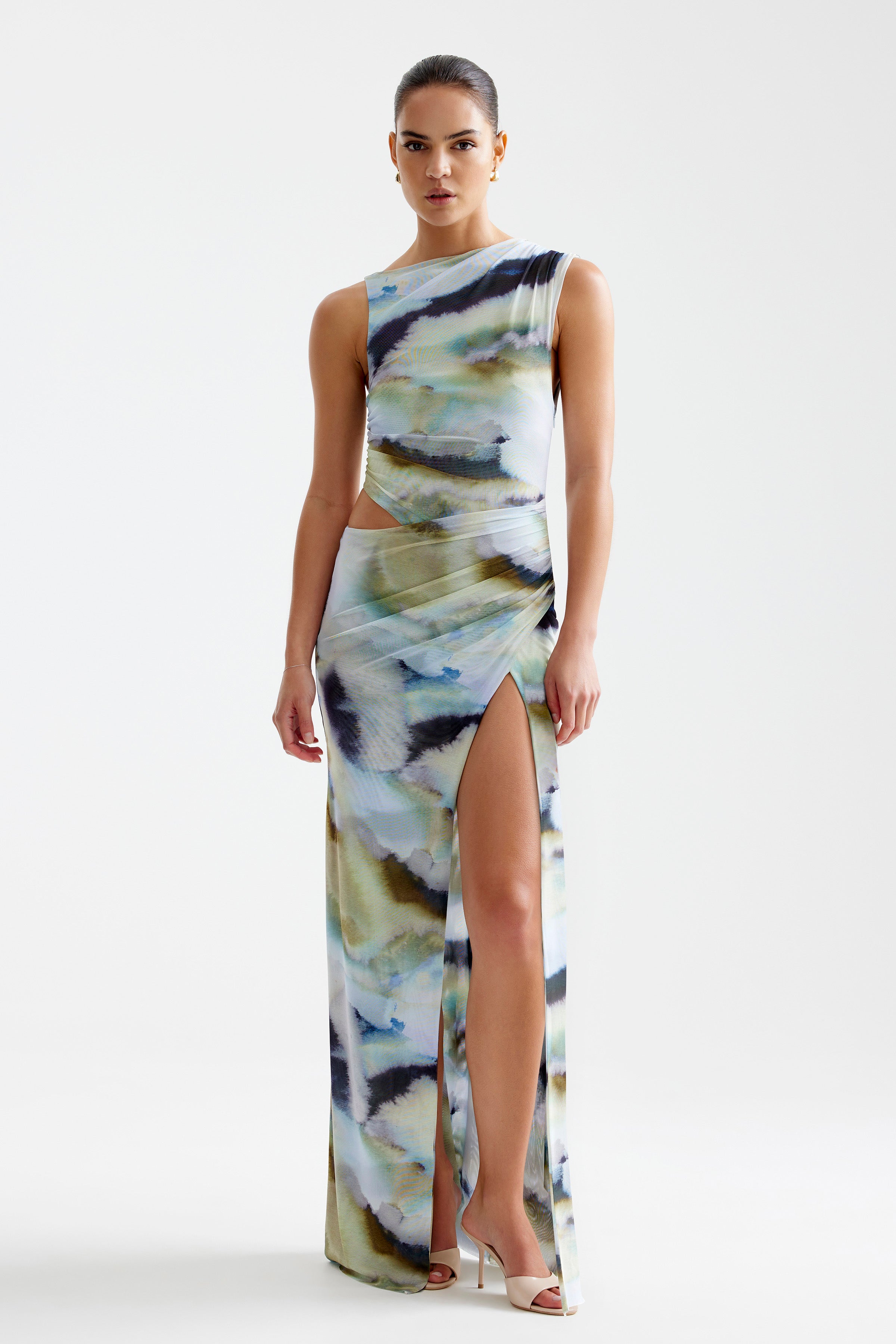 Fiora Dress featuring sleeveless style with side cutout and thigh-high split in blue mineral print by Studio Lexi