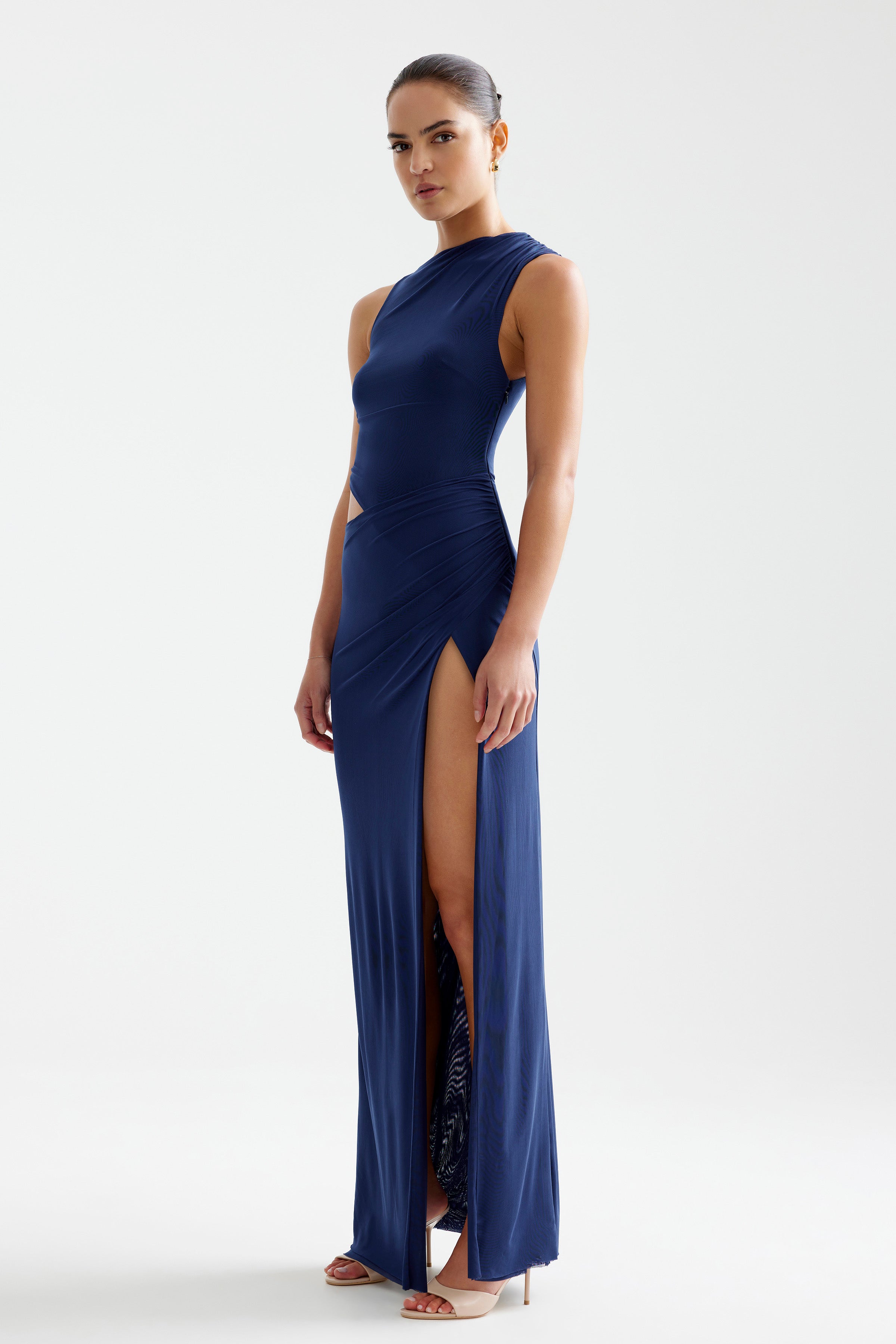 Fiora Dress navy featuring a sleeveless cut with a high side split and fitted silhouette by Studio Lexi