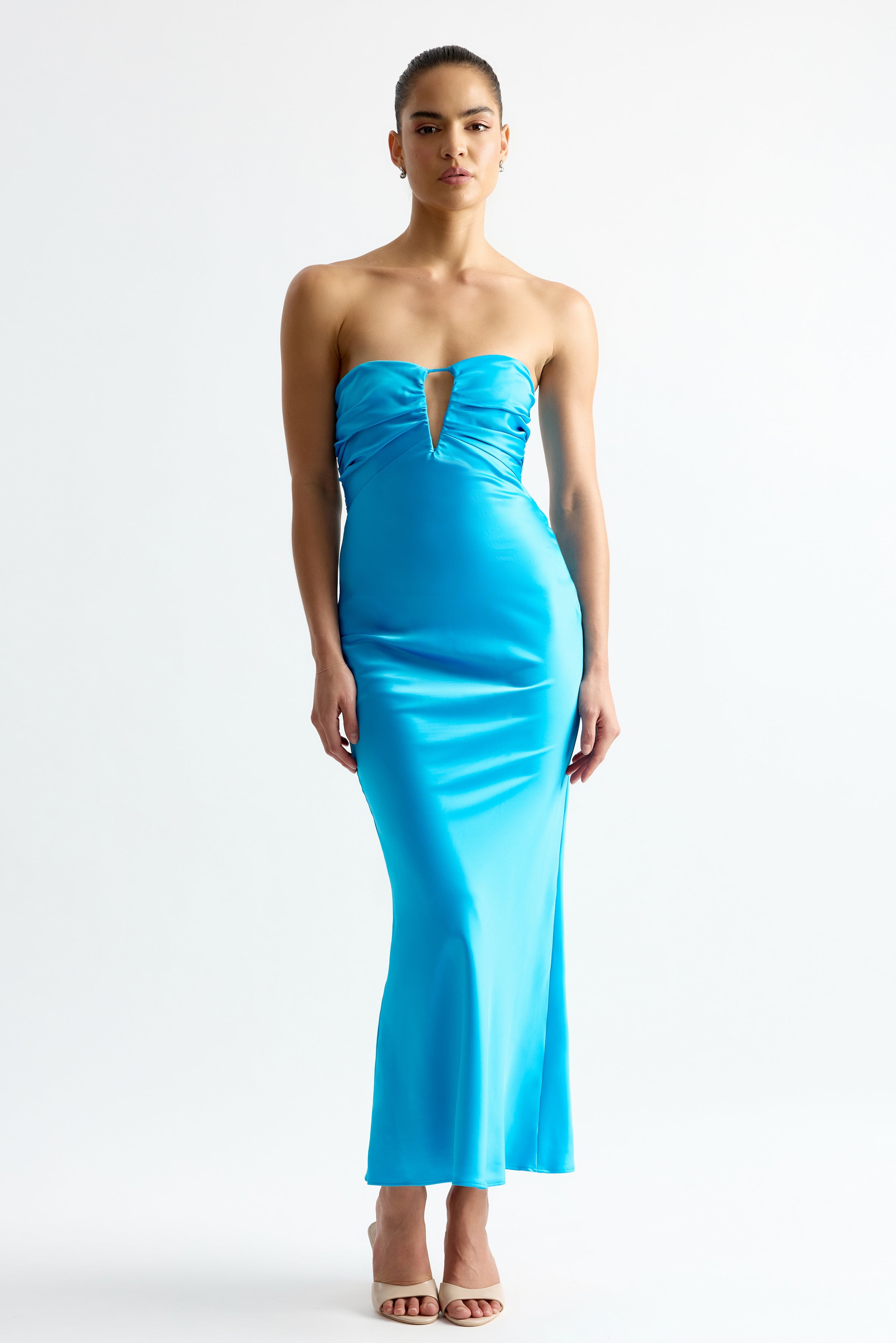 Geneva Dress featuring strapless silhouette with front plunge and elegant fit in bright blue by Studio Lexi