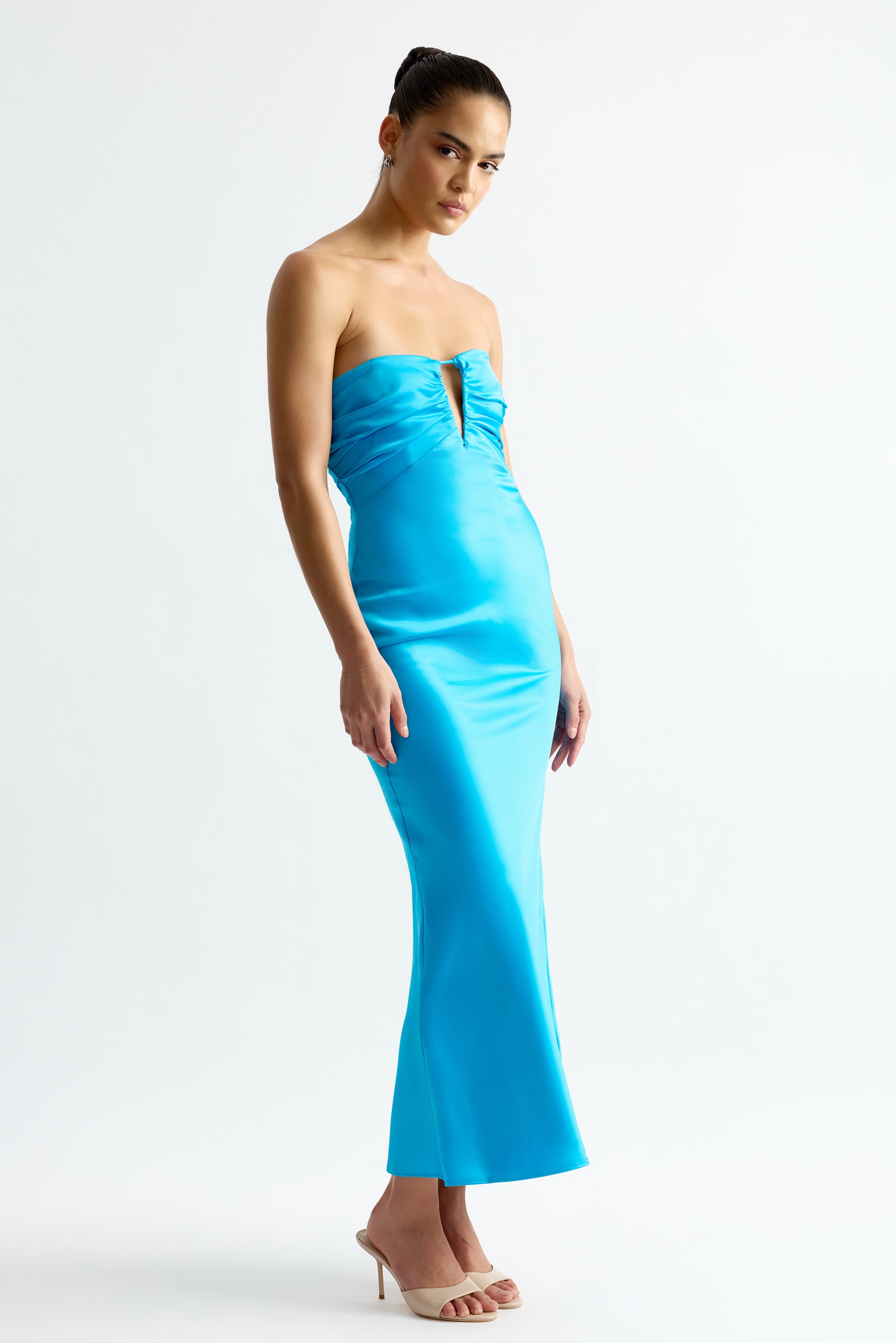 Geneva Dress featuring strapless design with front keyhole detail in vibrant capri blue by Studio Lexi