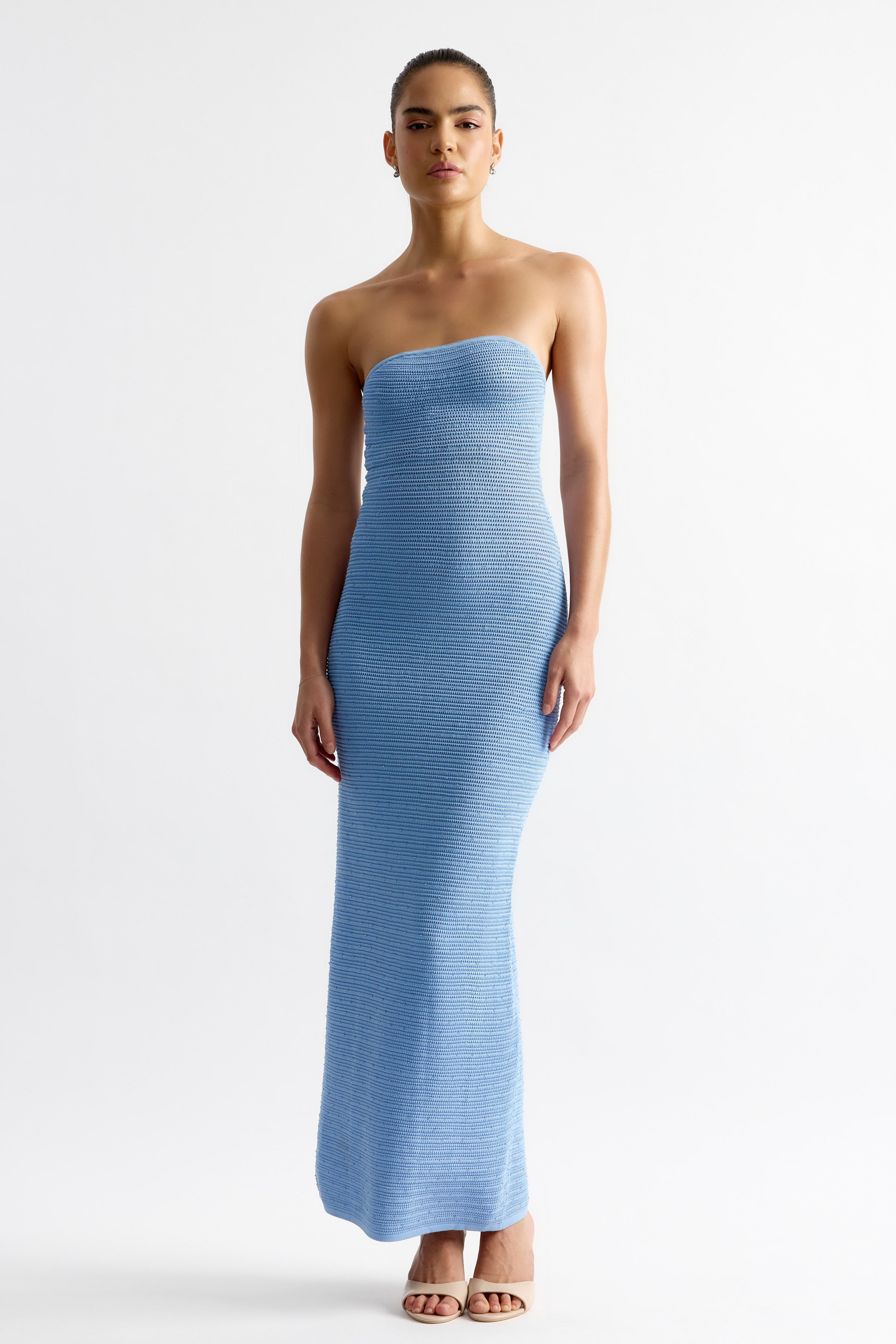 Gigi Dress blue featuring a strapless knit design with a sleek silhouette for elegant occasion wear by Studio Lexi