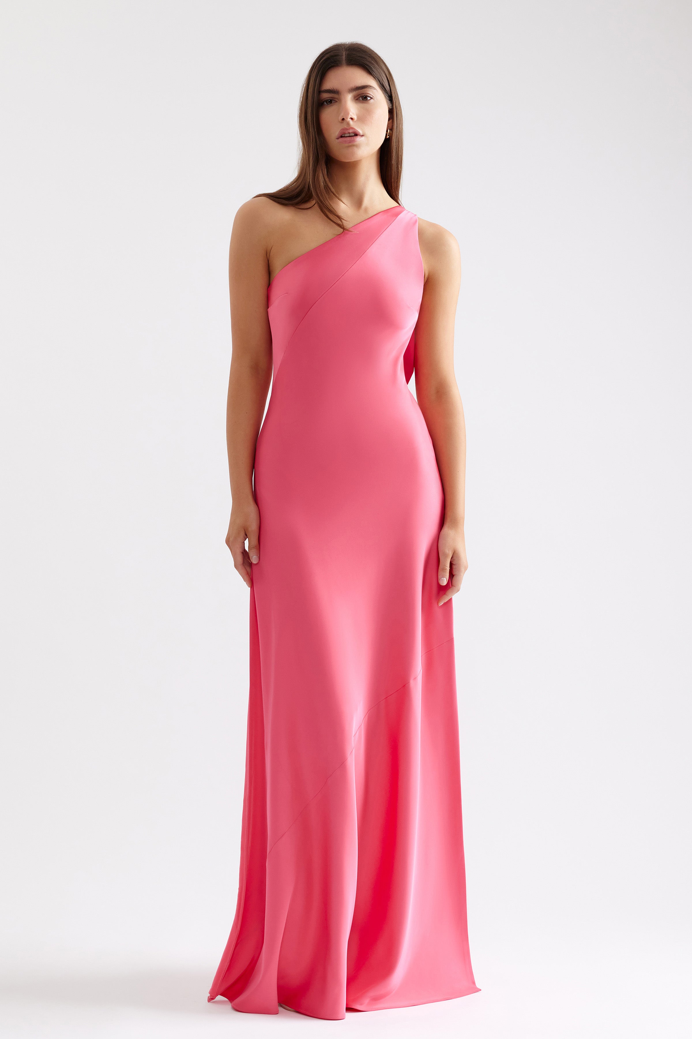 Gina Dress sleek one-shoulder silhouette with smooth fit in deep pink for formal and wedding guest occasions by Studio Lexi