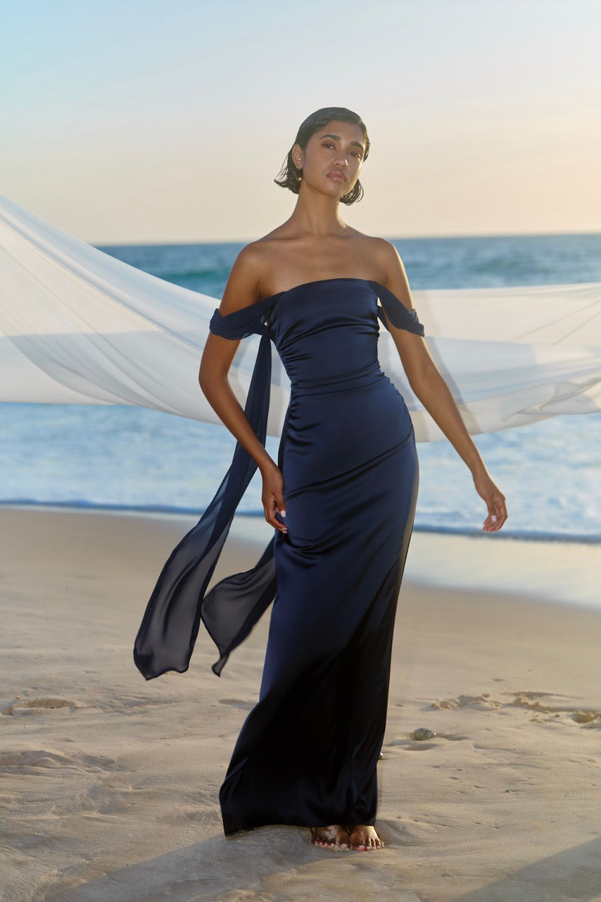 Hattie Dress featuring an off-shoulder sleeve design and sleek silhouette in midnight blue by Studio Lexi for formal occasions