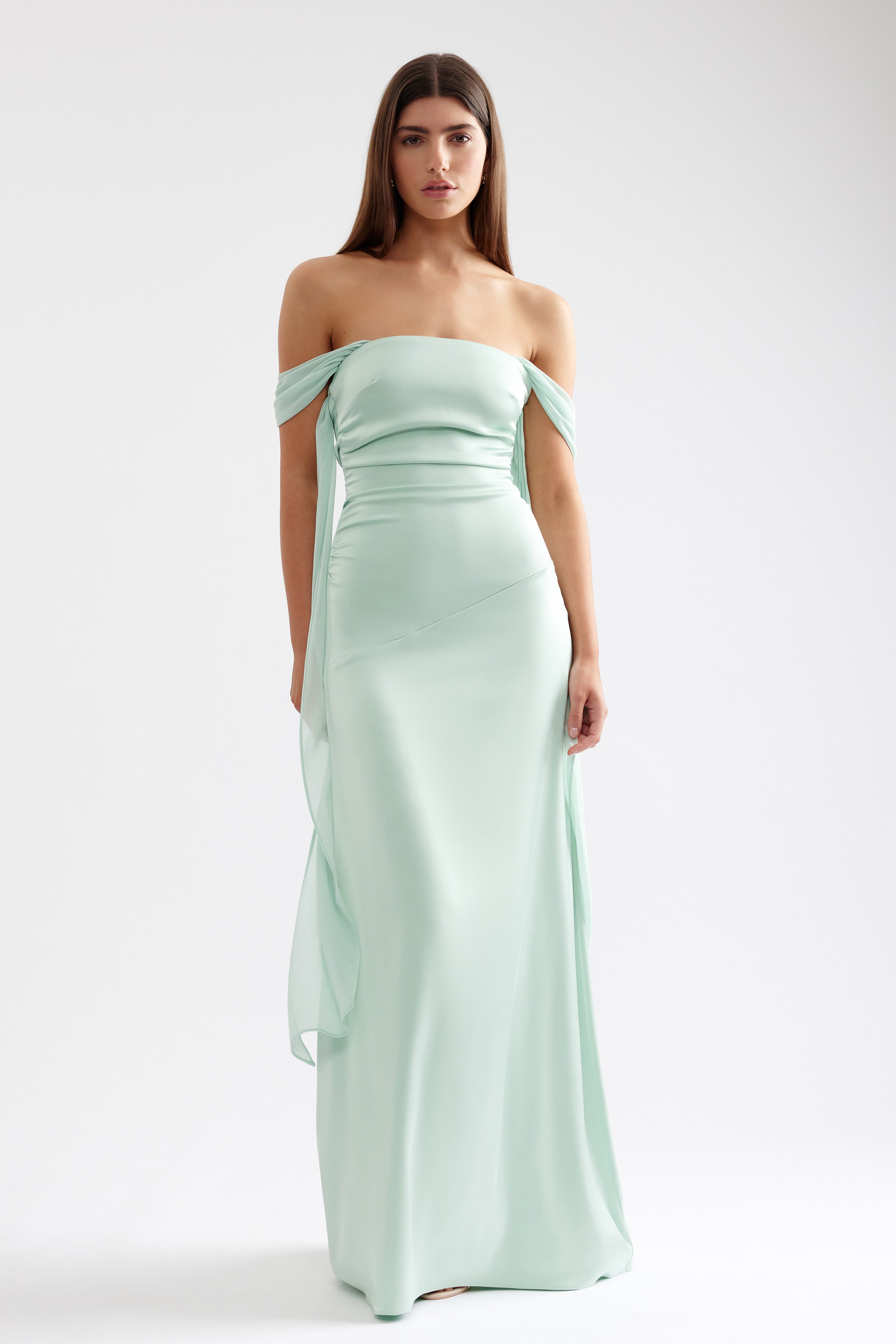 Hattie Dress elegant strapless design with off-shoulder sleeves and fitted silhouette in soft mint by Studio Lexi