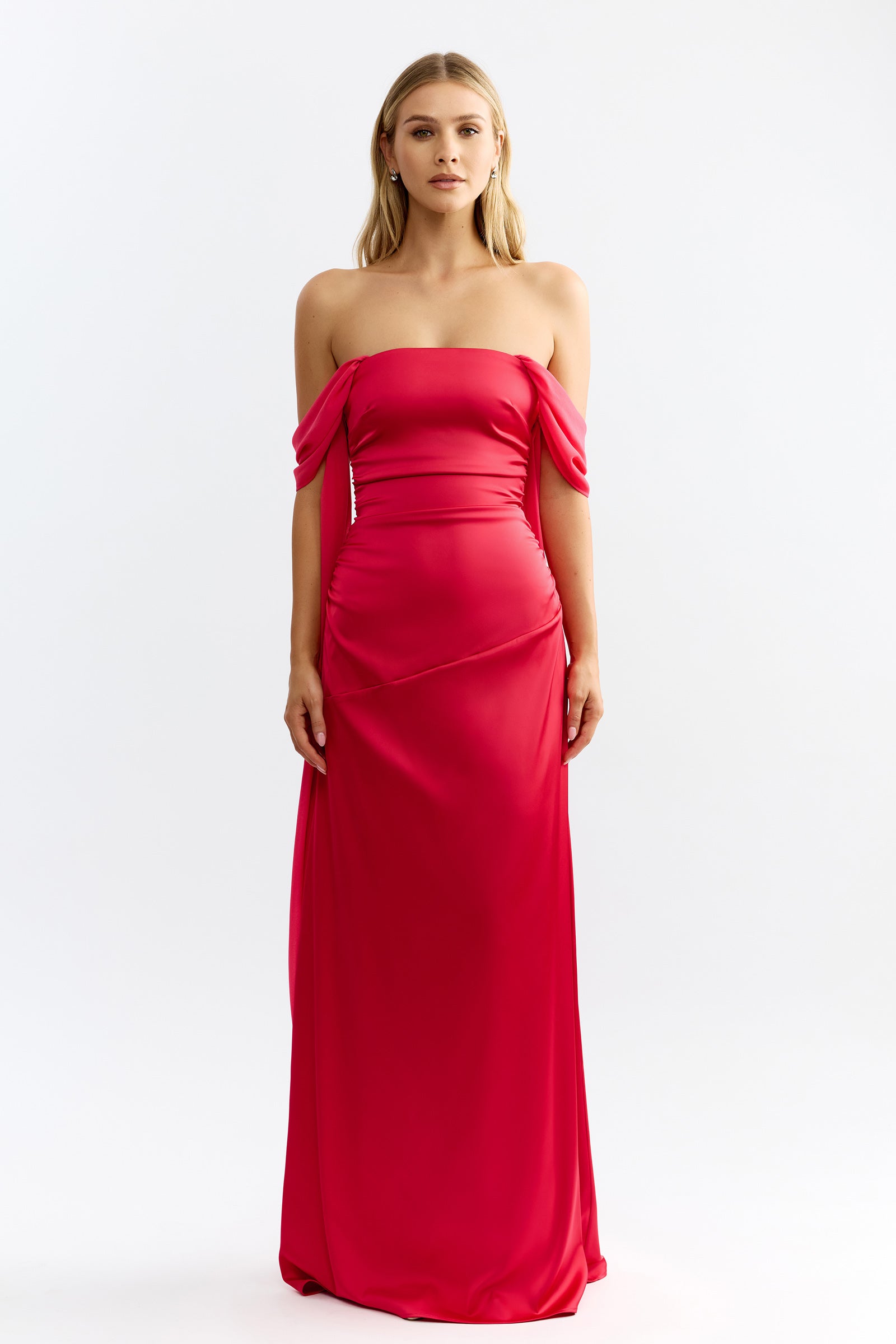 Hattie Dress featuring an elegant strapless design with off-shoulder sleeves and fitted silhouette in raspberry by Studio Lexi