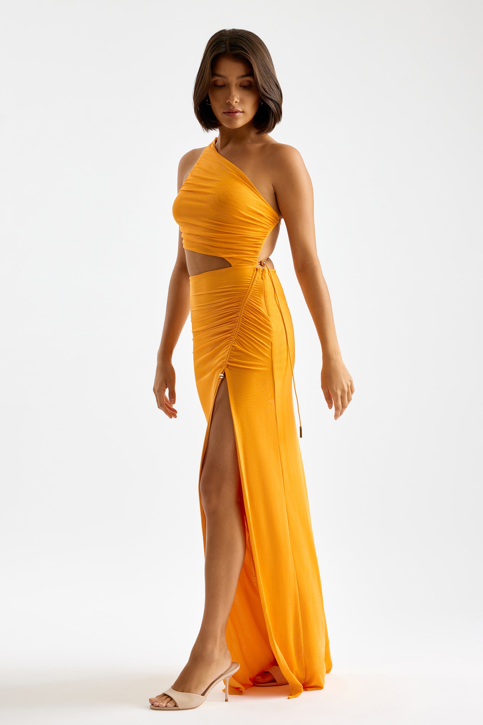 Havana Dress Orange One Shoulder Mesh Gown Split | Studio Lexi Havana Dress Orange One Shoulder Mesh Gown Split | Studio Lexi