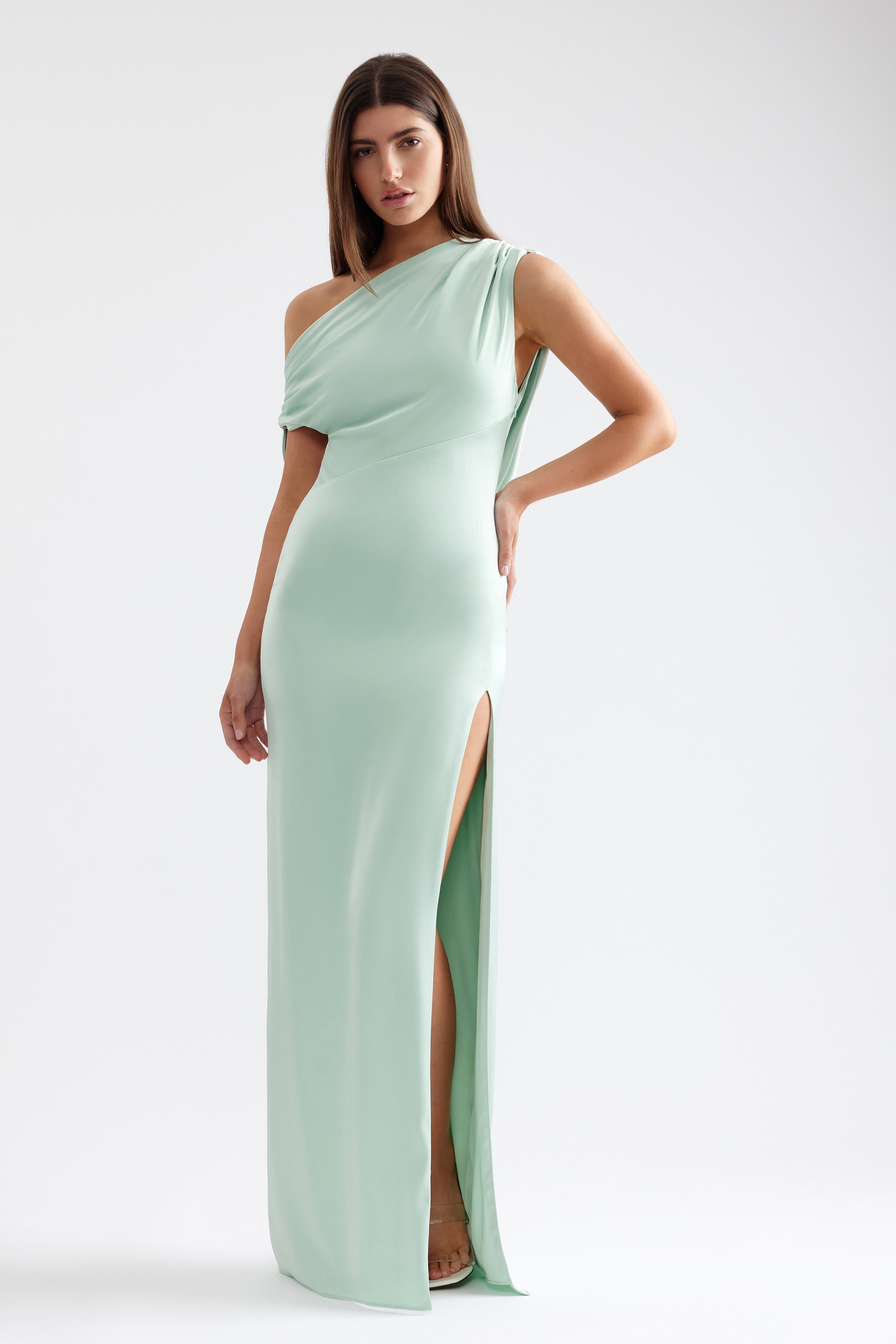 Jayne Dress elegant one-shoulder design with sleek fit and high side split in soft mint for formal occasions by Studio Lexi