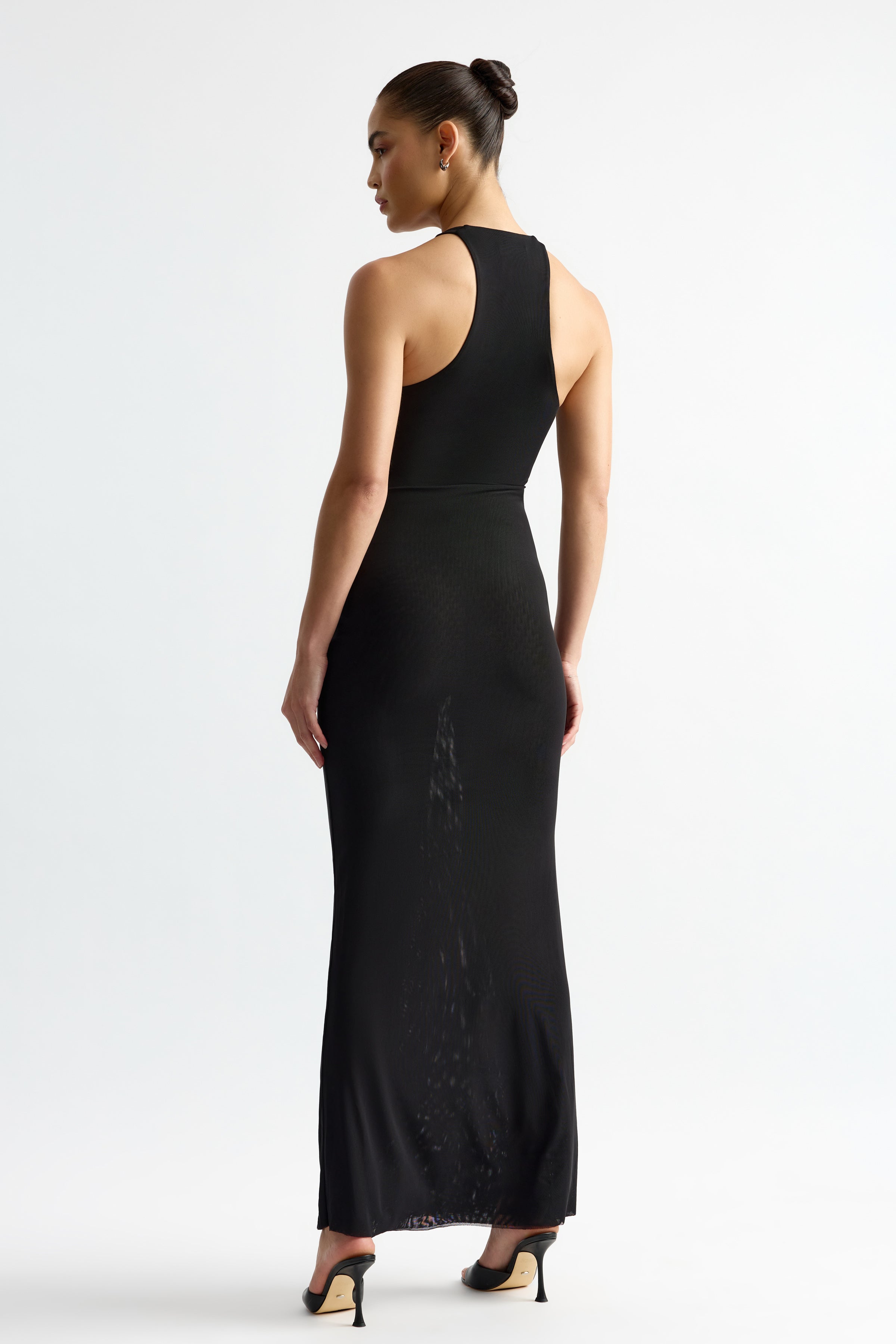 Karine Dress featuring a sleek fitted silhouette with racerback design in black for elegant formal occasion wear by Studio Lexi