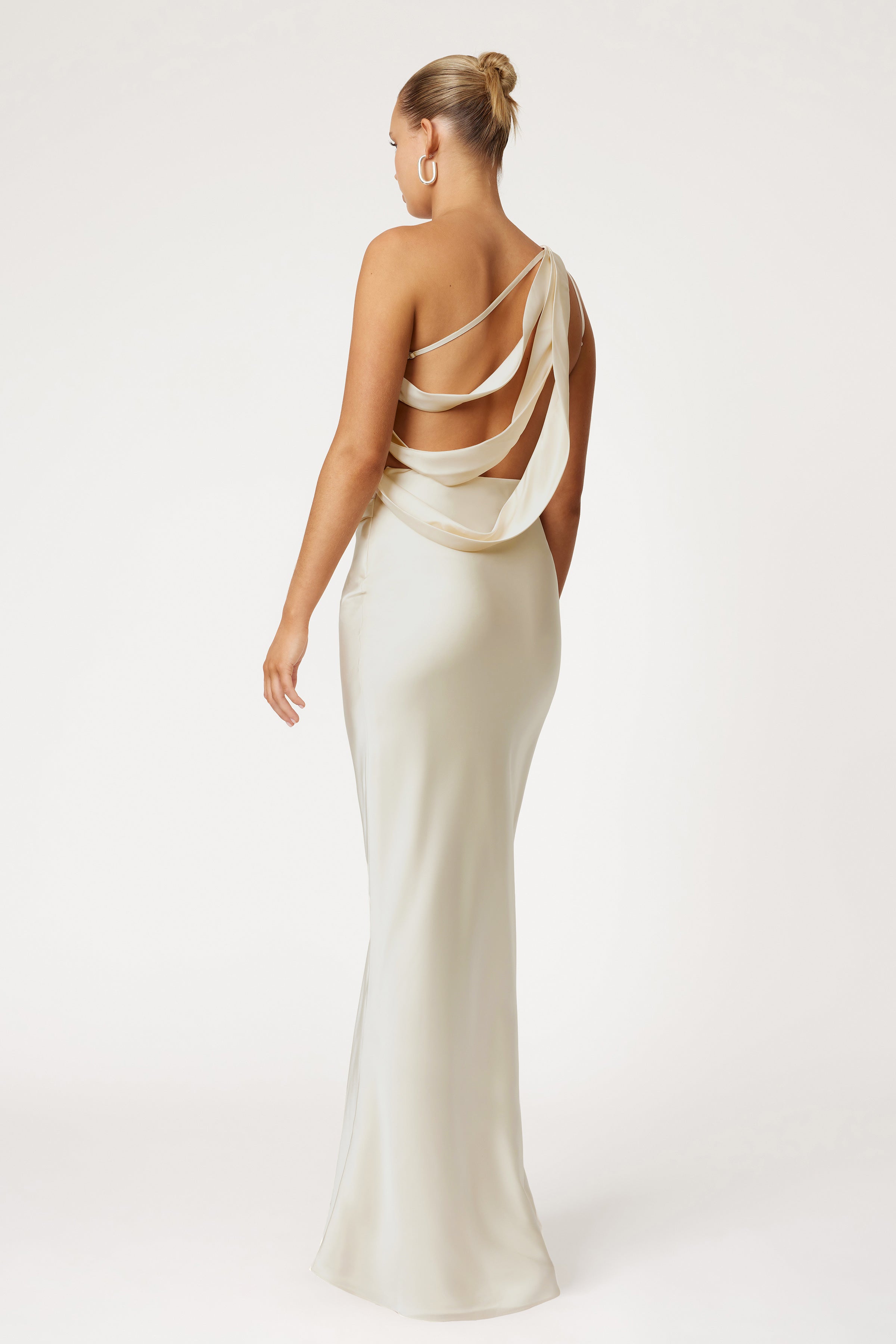 Kendra Dress backless design with draped straps in cream satin for elegant black tie and formal events