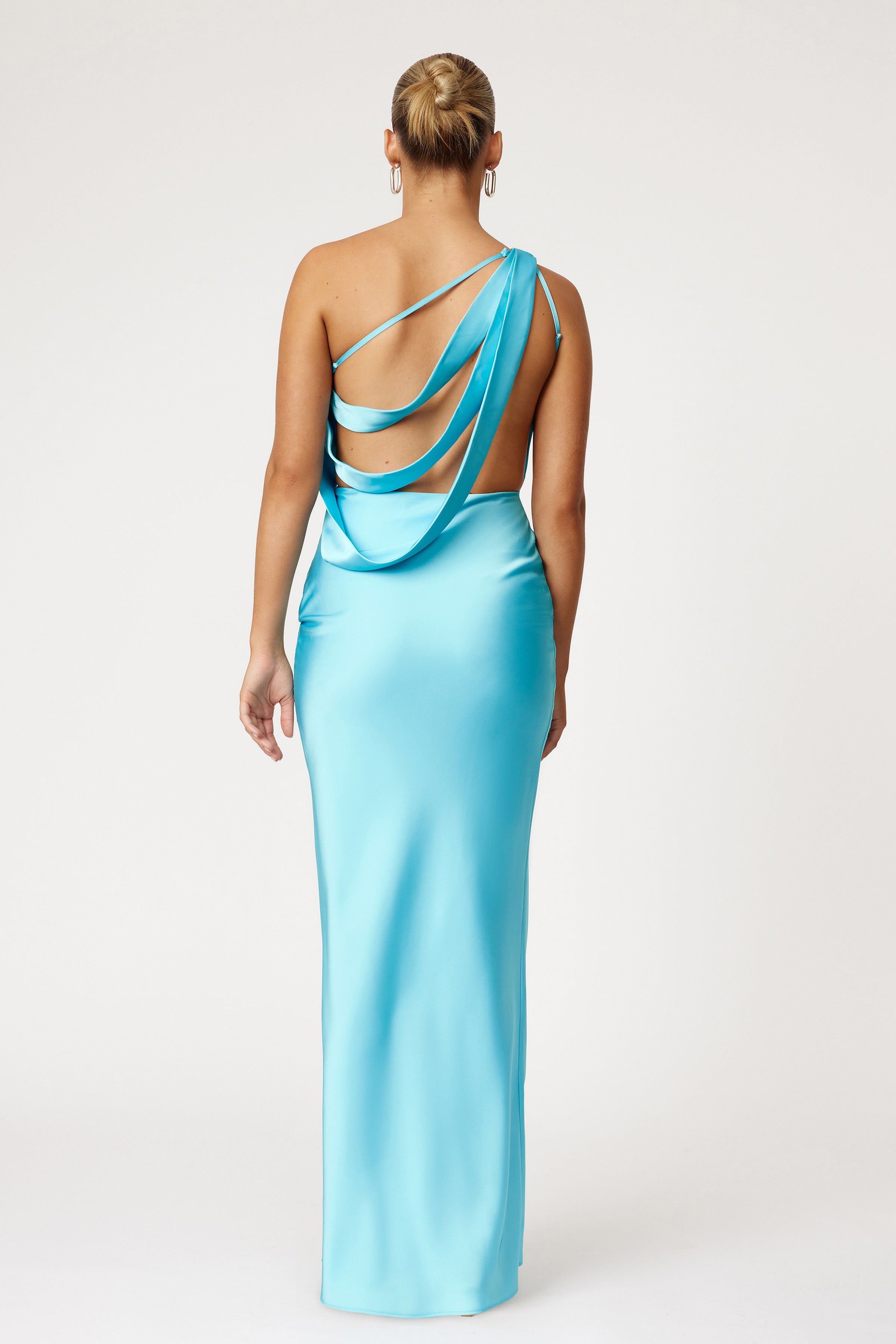 Kendra Dress backless design with flowing draped straps in lagoon blue for elegant formal and black tie events