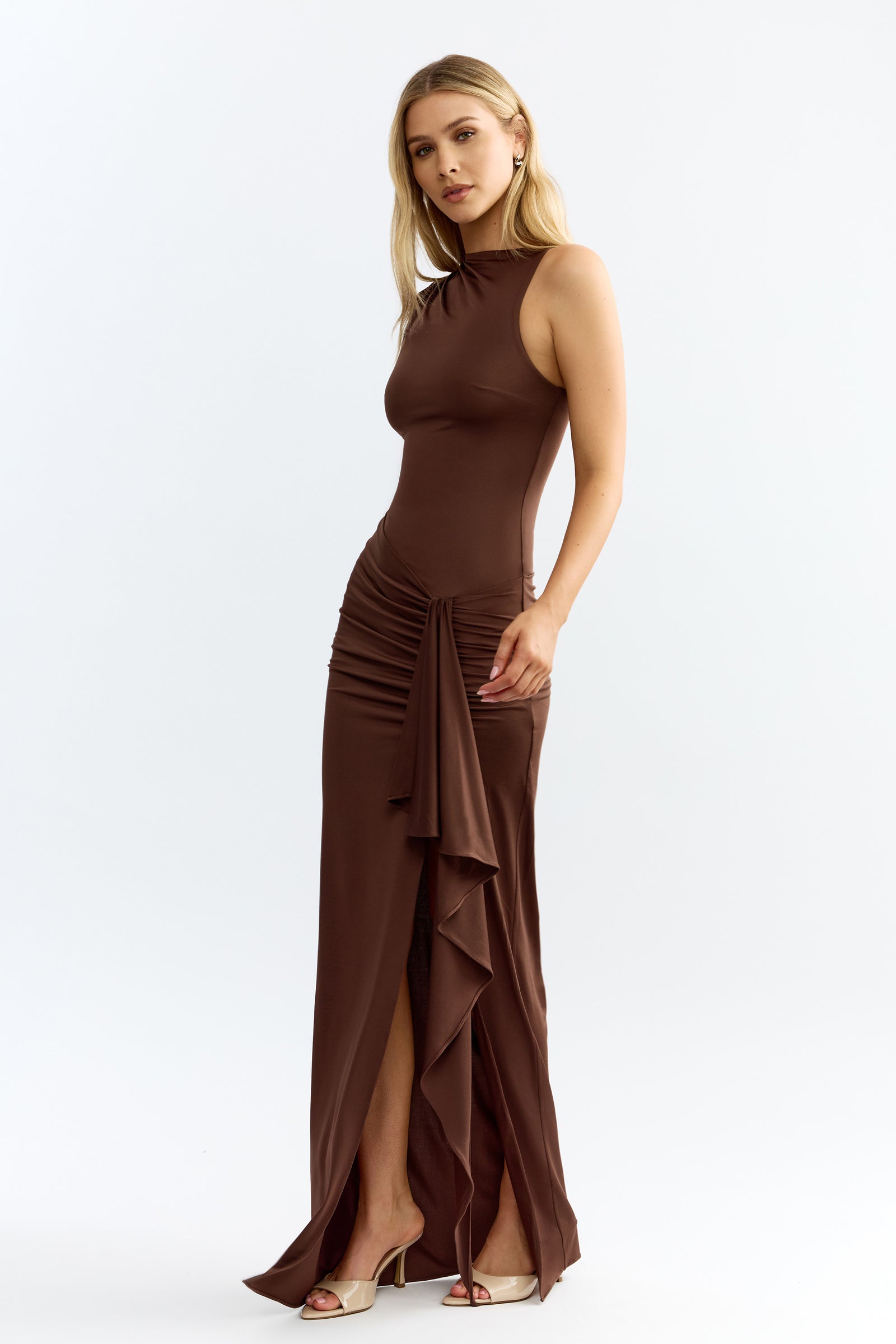 Koda Dress Chocolate Jersey Gown Ruched Detail | Studio Lexi