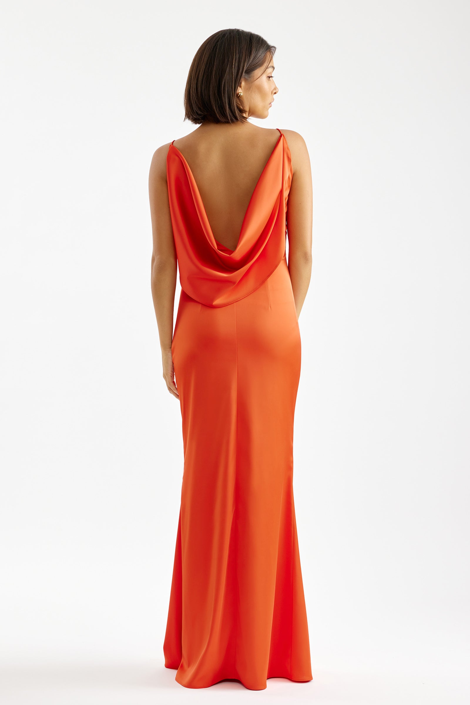 Leila Dress with elegant backless draped detail in vibrant chilli red for formal and black tie occasions by Studio Lexi