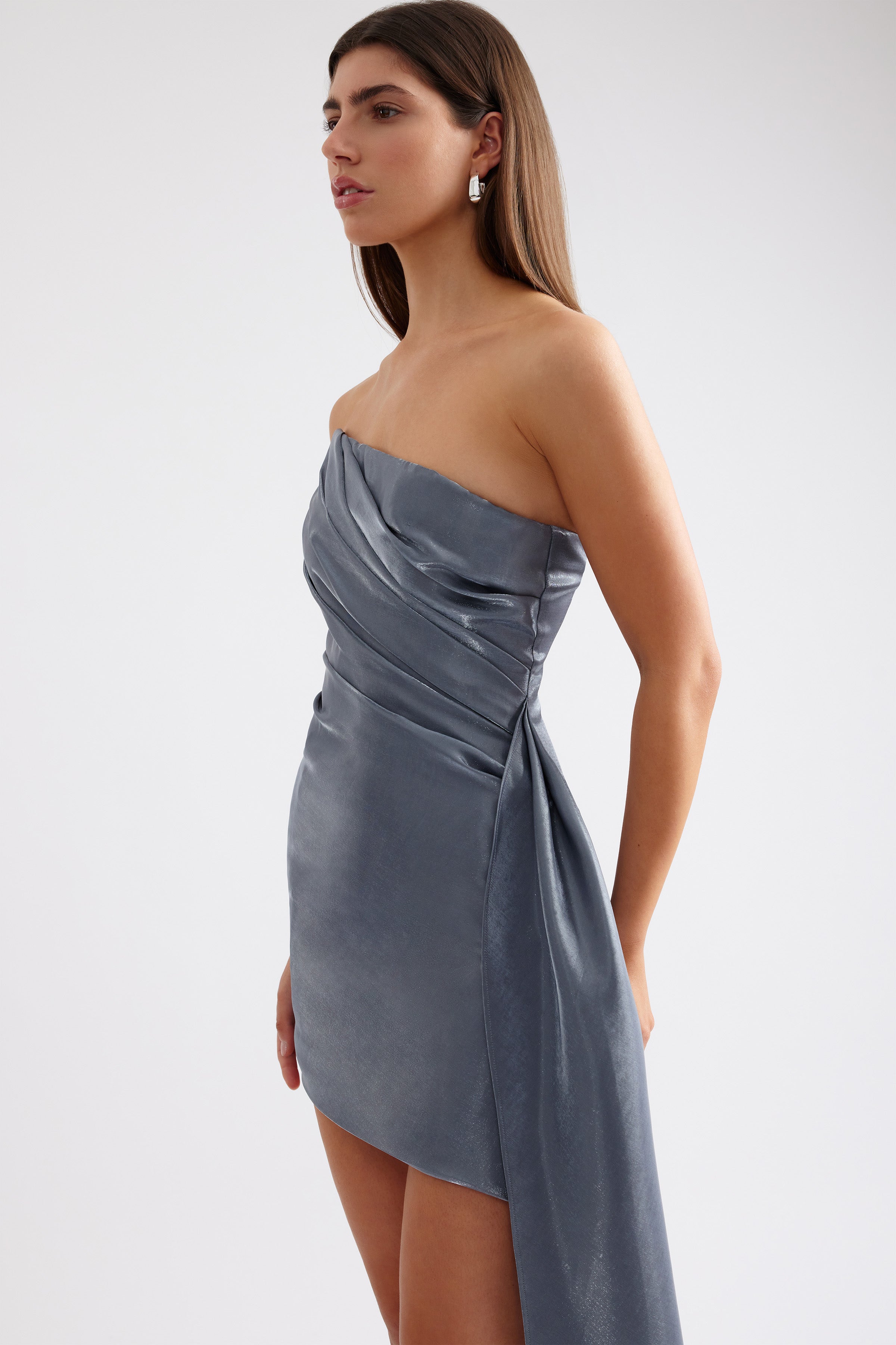Lena Dress strapless fitted design with draped side detail in steel grey for cocktail and party wear by Studio Lexi