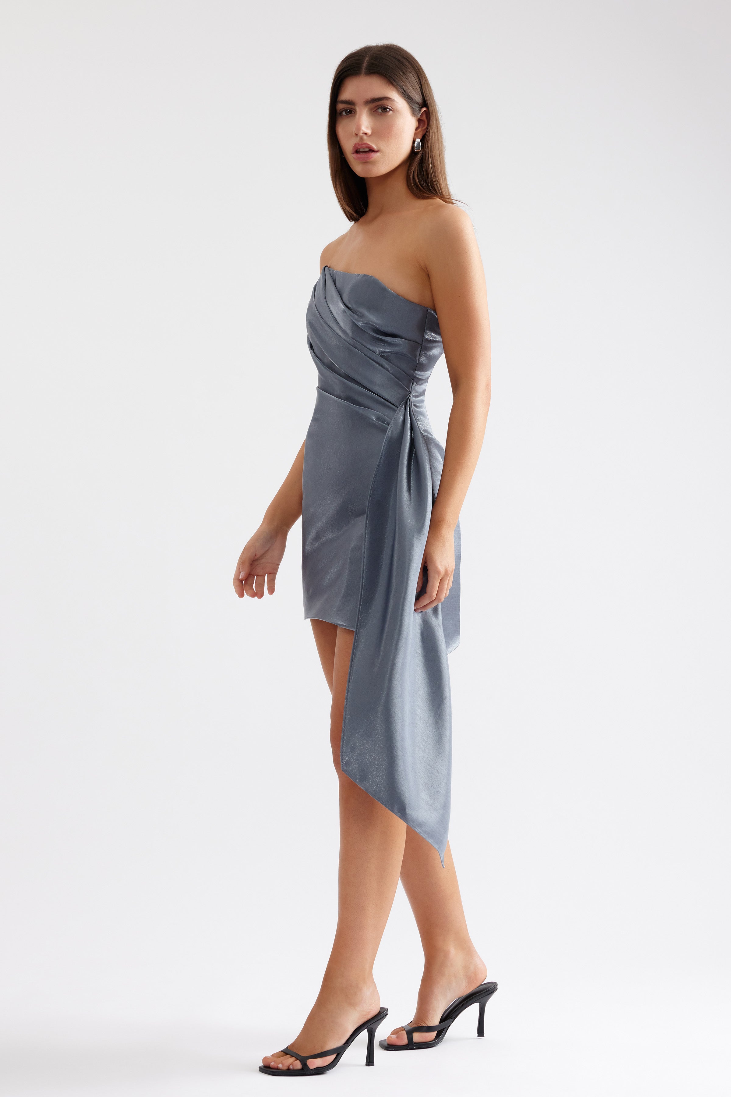 Lena Dress strapless fitted design with draped side sash in steel grey for cocktail and party occasions by Studio Lexi