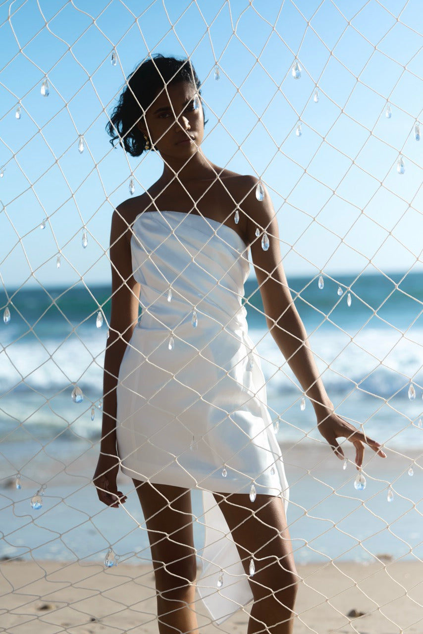 Lena Dress featuring a strapless silhouette in white satin fabric, designed for cocktail and party wear by Studio Lexi