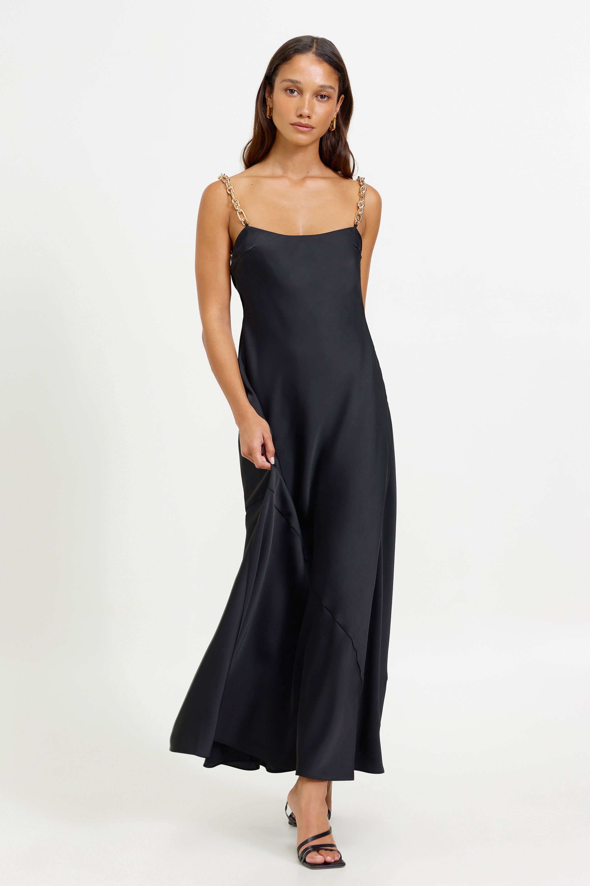 Lisandra Dress featuring a sleek silhouette with chain straps in black for sophisticated cocktail and formal occasions