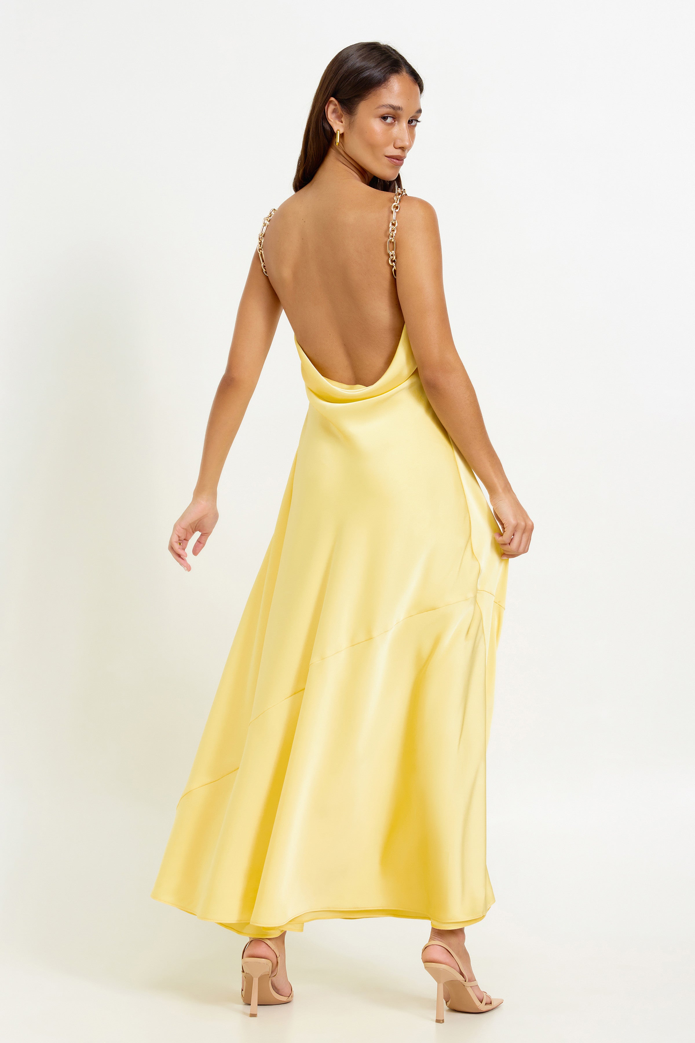 Lisandra Dress featuring backless design with chain straps in pineapple yellow for formal and cocktail occasions by Studio Lexi