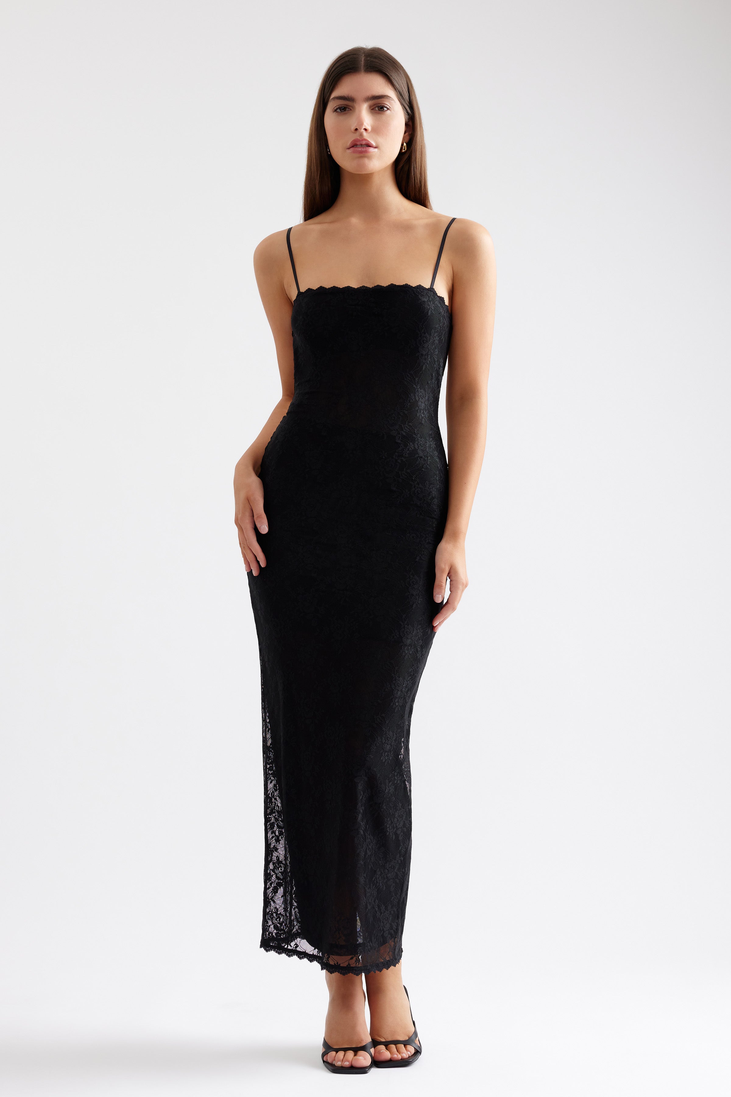 Liza Dress fitted lace design with delicate straps and scalloped neckline in black for cocktail and party by Studio Lexi