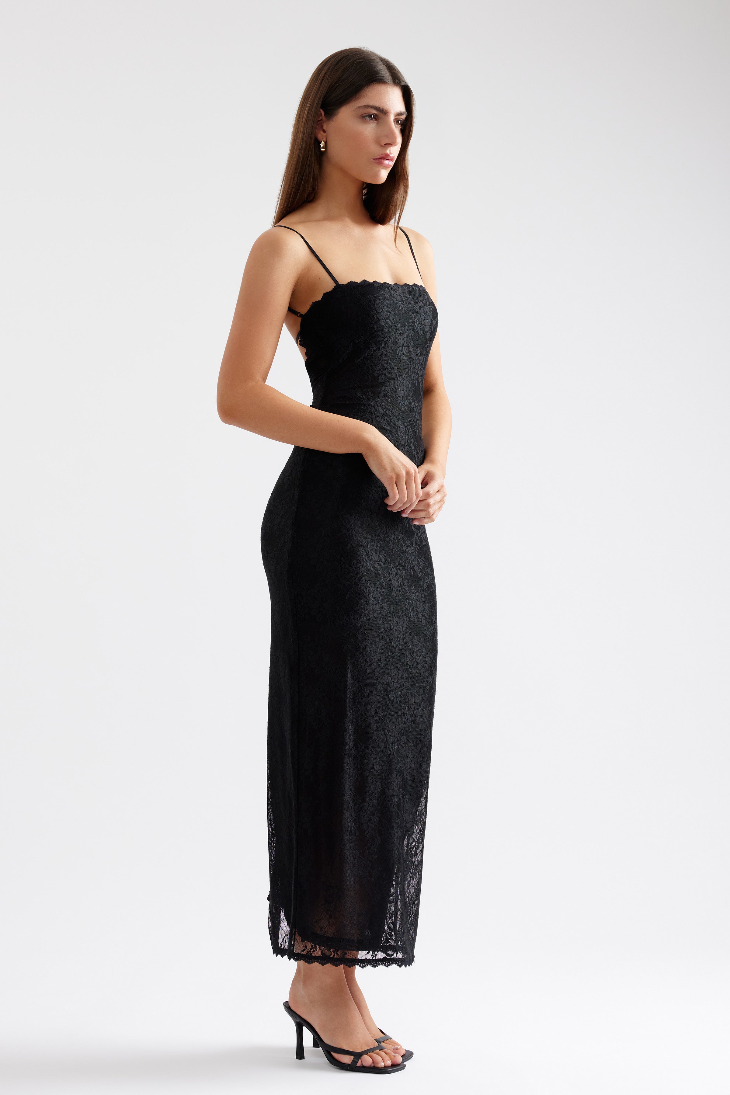 Liza Dress fitted silhouette with delicate straps and lace overlay in black for cocktail and party occasions by Studio Lexi
