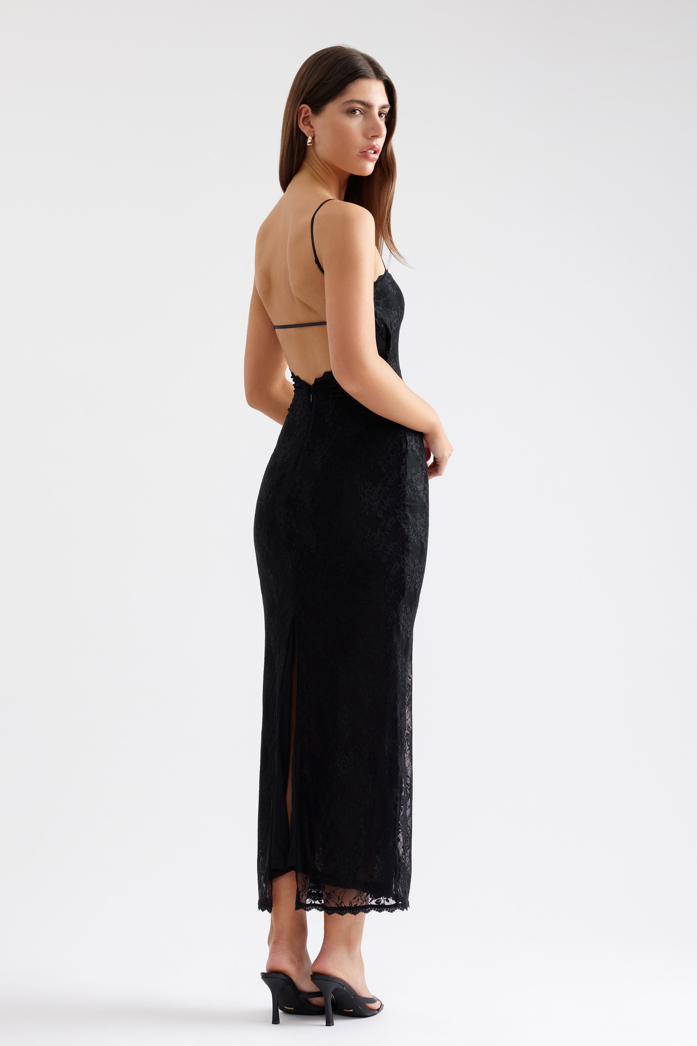 Liza Dress black fitted lace midi dress with backless design and split detail for cocktail and party occasions by Studio Lexi