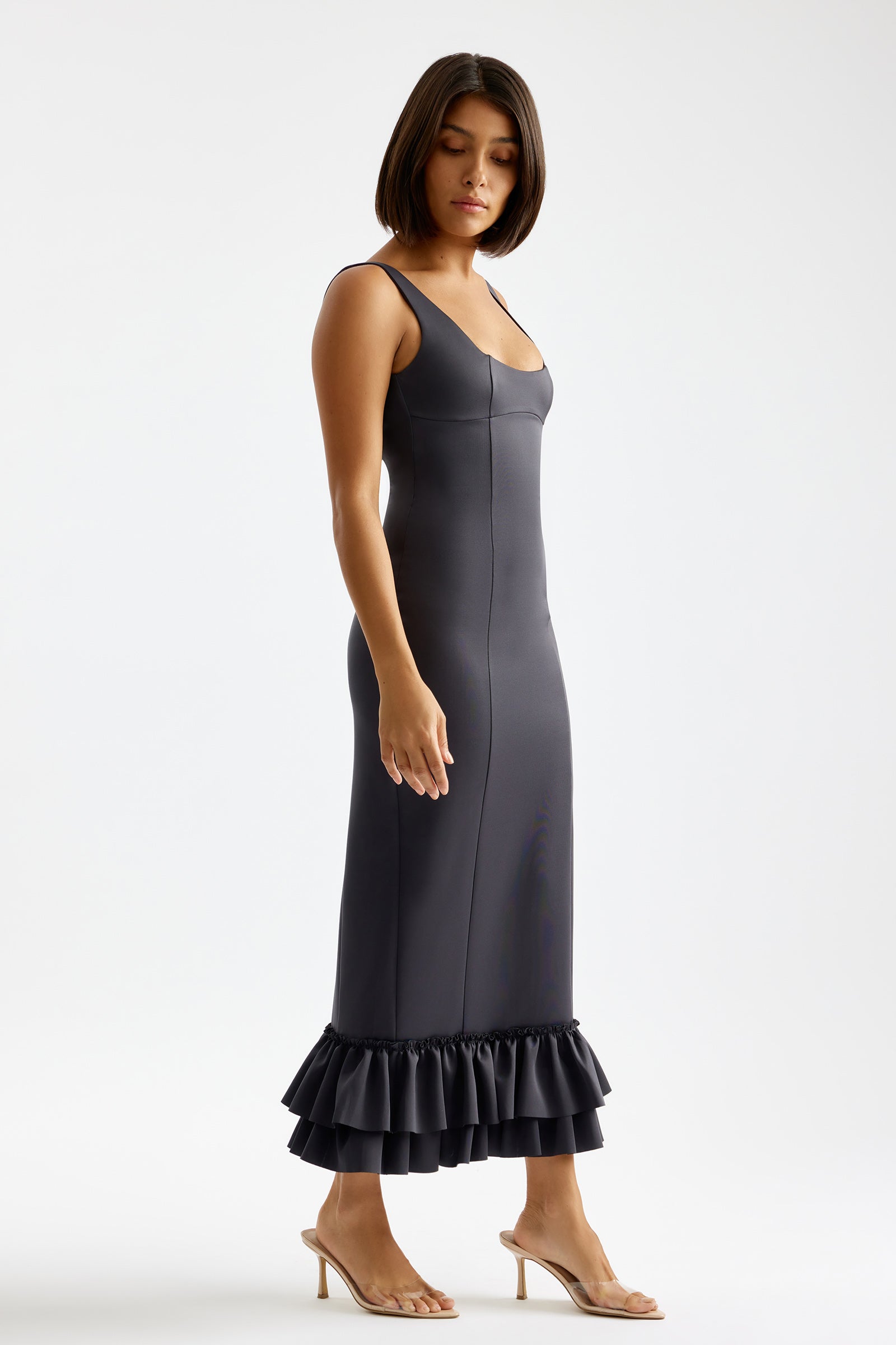 Lolita Dress fitted silhouette with double layered ruffle hem in charcoal for cocktail and party wear by Studio Lexi
