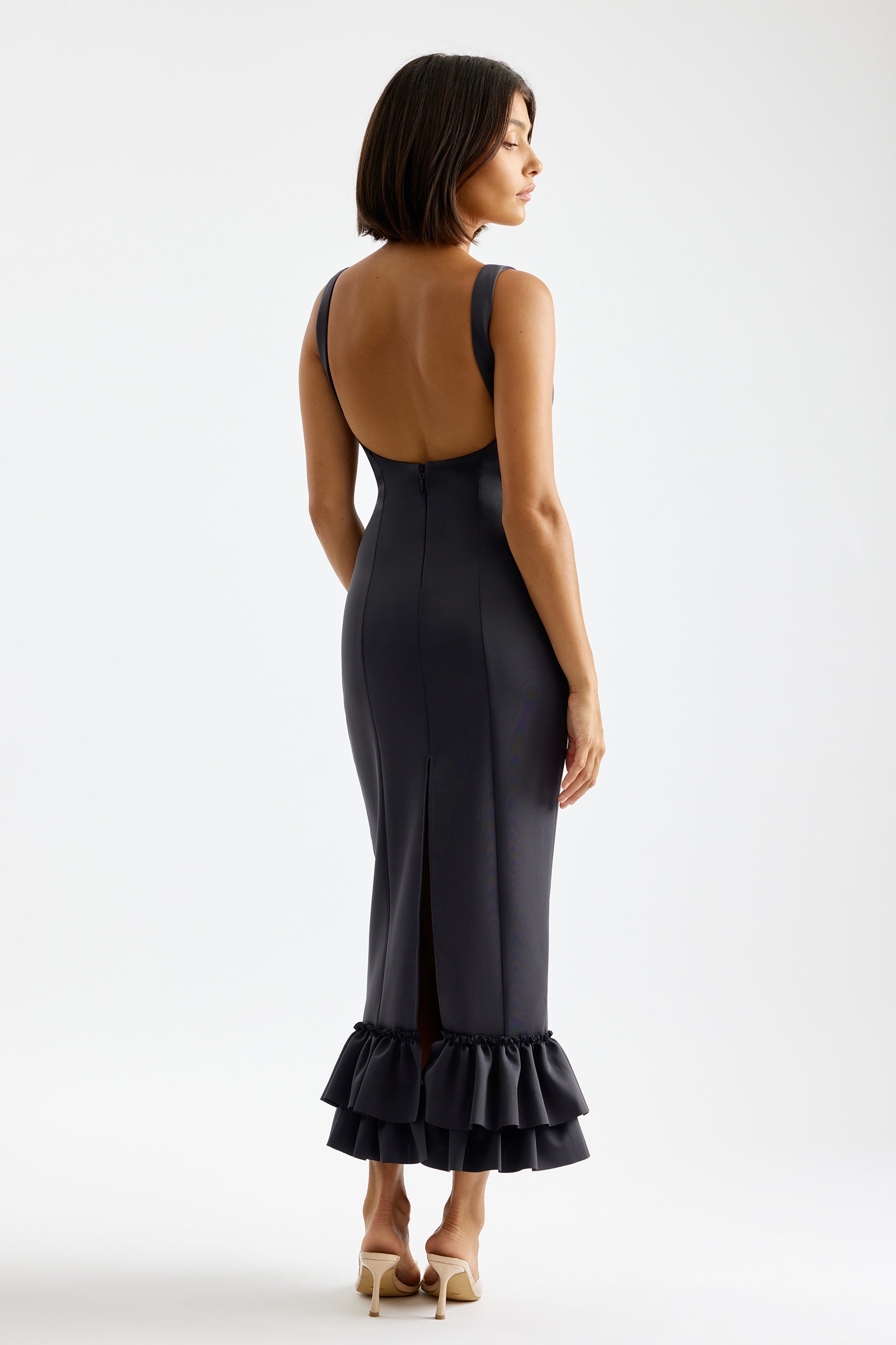 Lolita Dress backless design with fitted silhouette and double layered ruffle hem in charcoal for cocktail and party by Studio Lexi