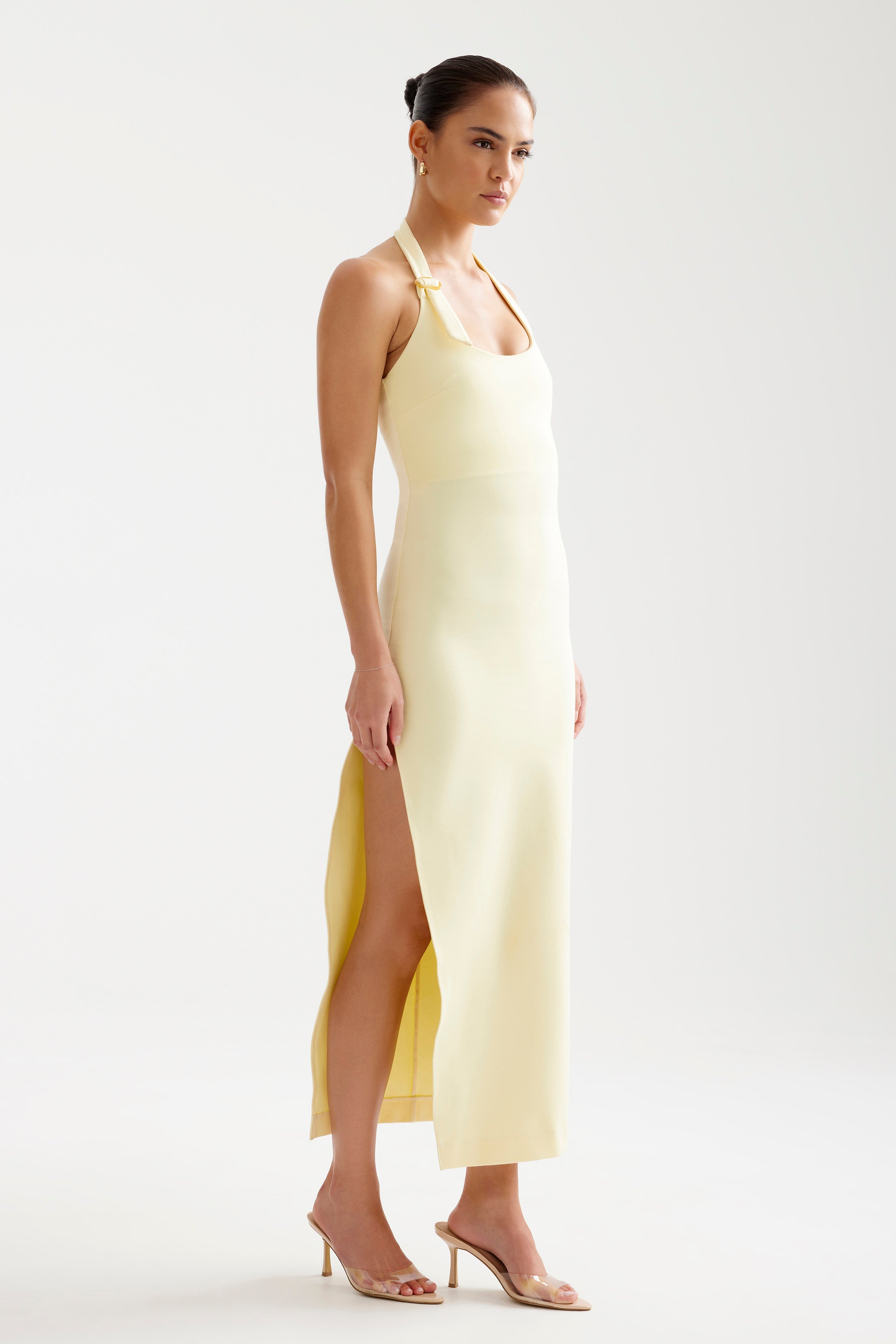 Luna Gold Dress Ankle Length Halter Split | Studio Lexi Luna Gold Dress Ankle Length Halter Split | Studio Lexi