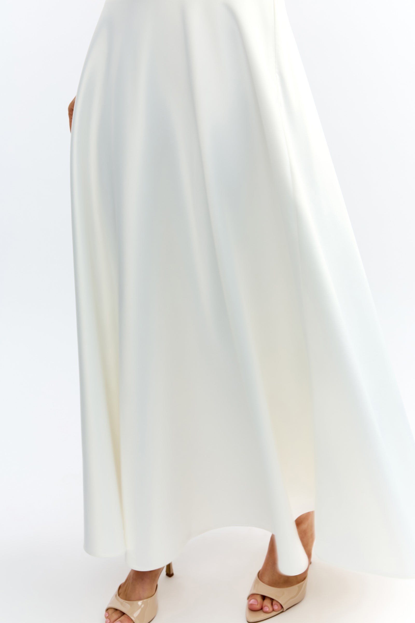 Lydia Set featuring flowing maxi skirt in ivory satin fabric designed for formal and cocktail occasions by Studio Lexi