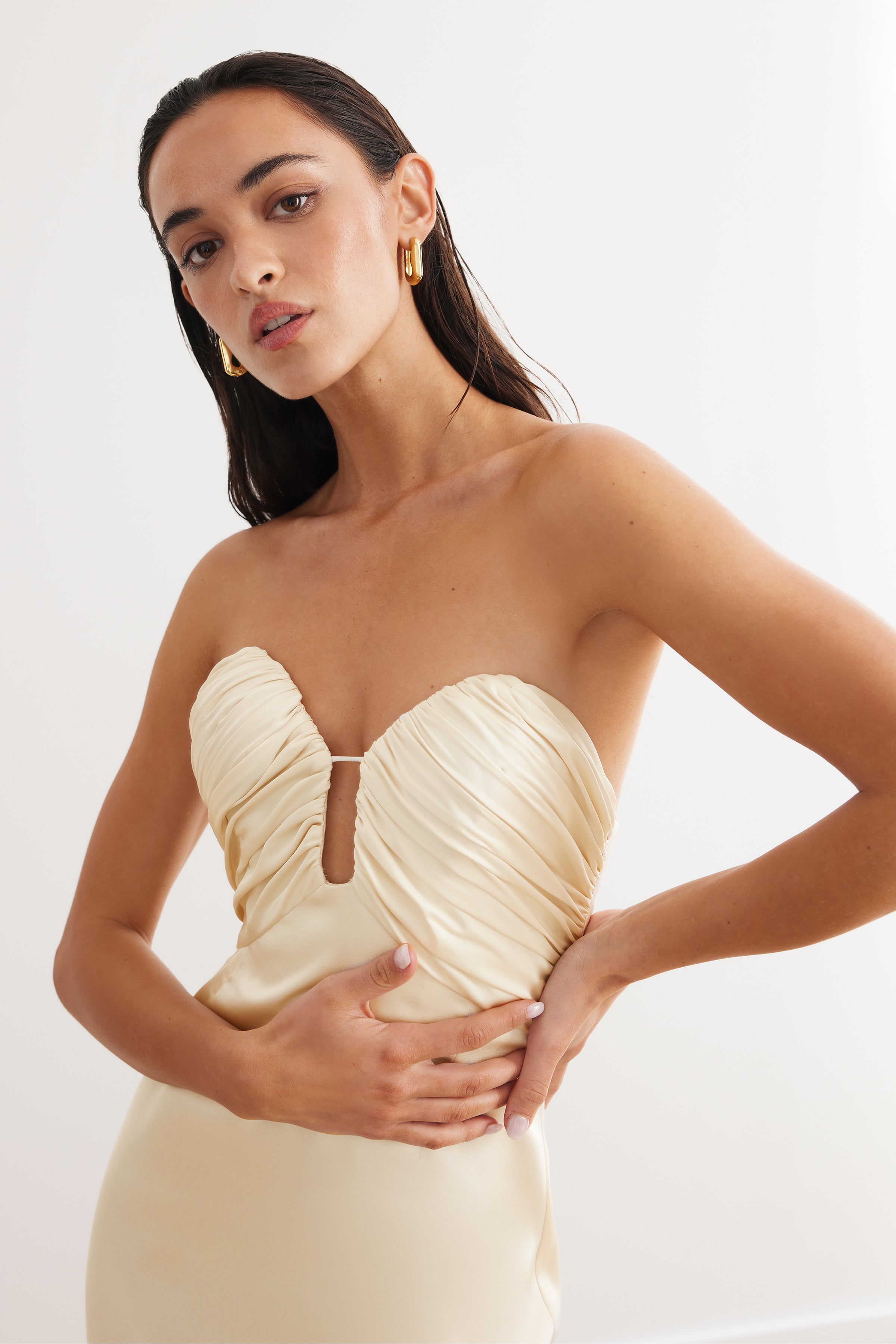 Magnolia Dress featuring strapless ruched bodice and sleek satin silhouette in cream for formal and black tie events