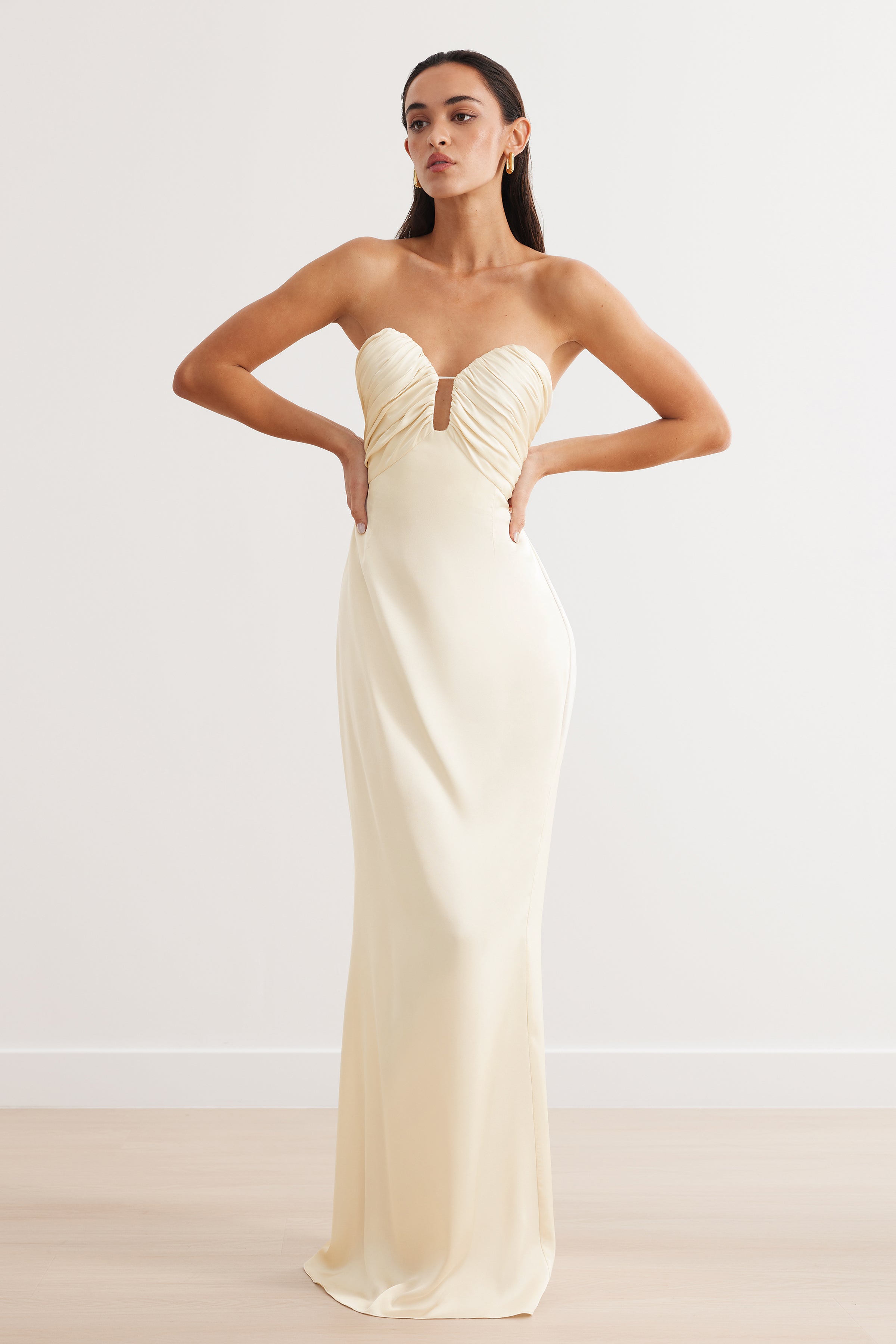 Magnolia Dress featuring strapless ruched bust and sleek silhouette in cream satin for formal and black tie events