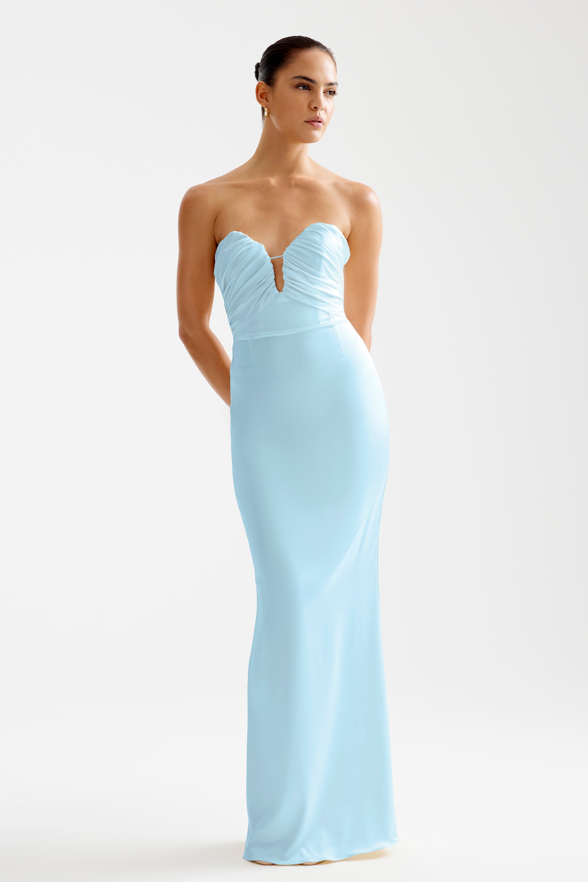 Magnolia Dress in glacier blue featuring strapless ruched sweetheart neckline with a fitted silhouette by Studio Lexi