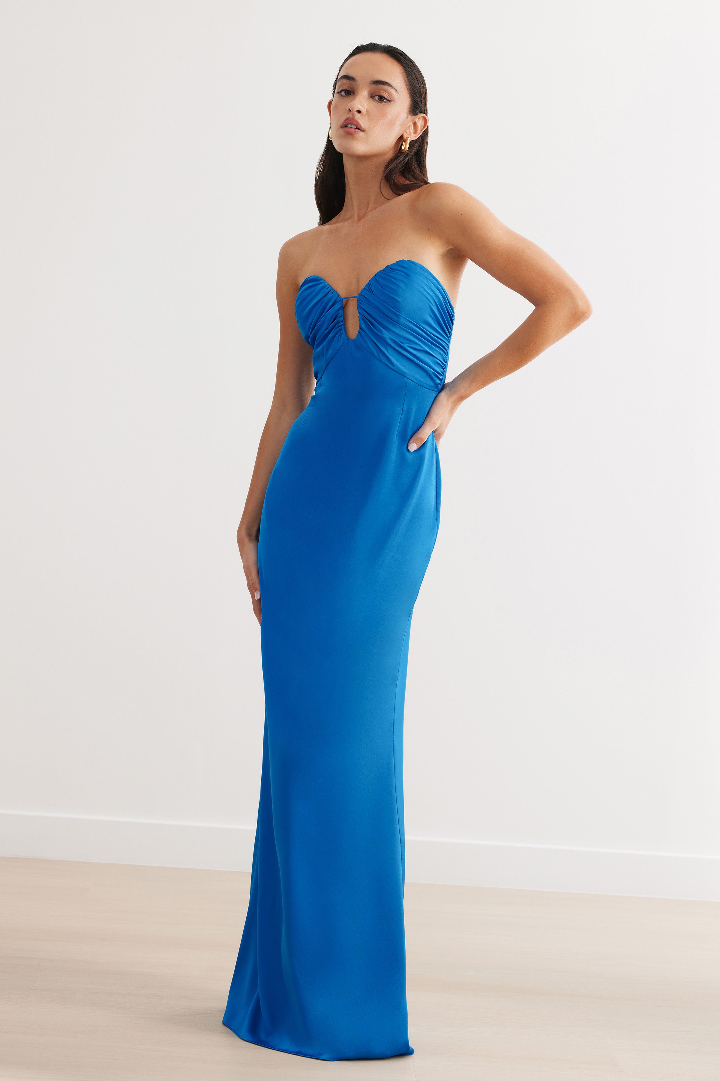 Magnolia Dress with strapless ruched bust and keyhole detail in vibrant sapphire blue satin for formal occasions