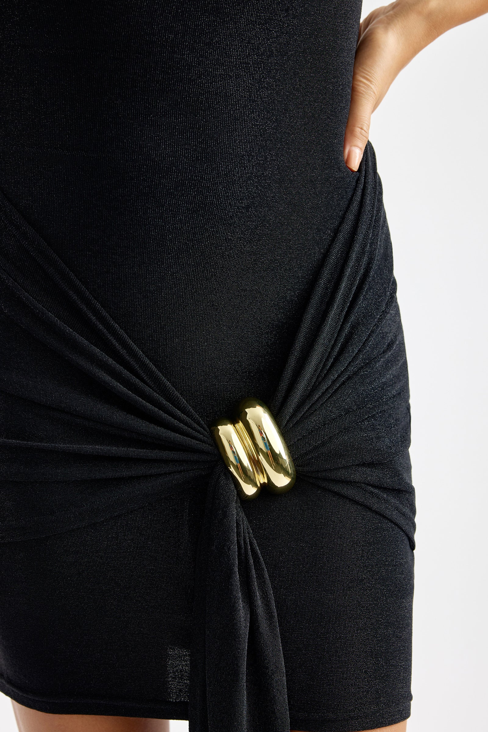 Malia Dress black with gathered waist detail and gold-tone buckle for cocktail and party wear by Studio Lexi