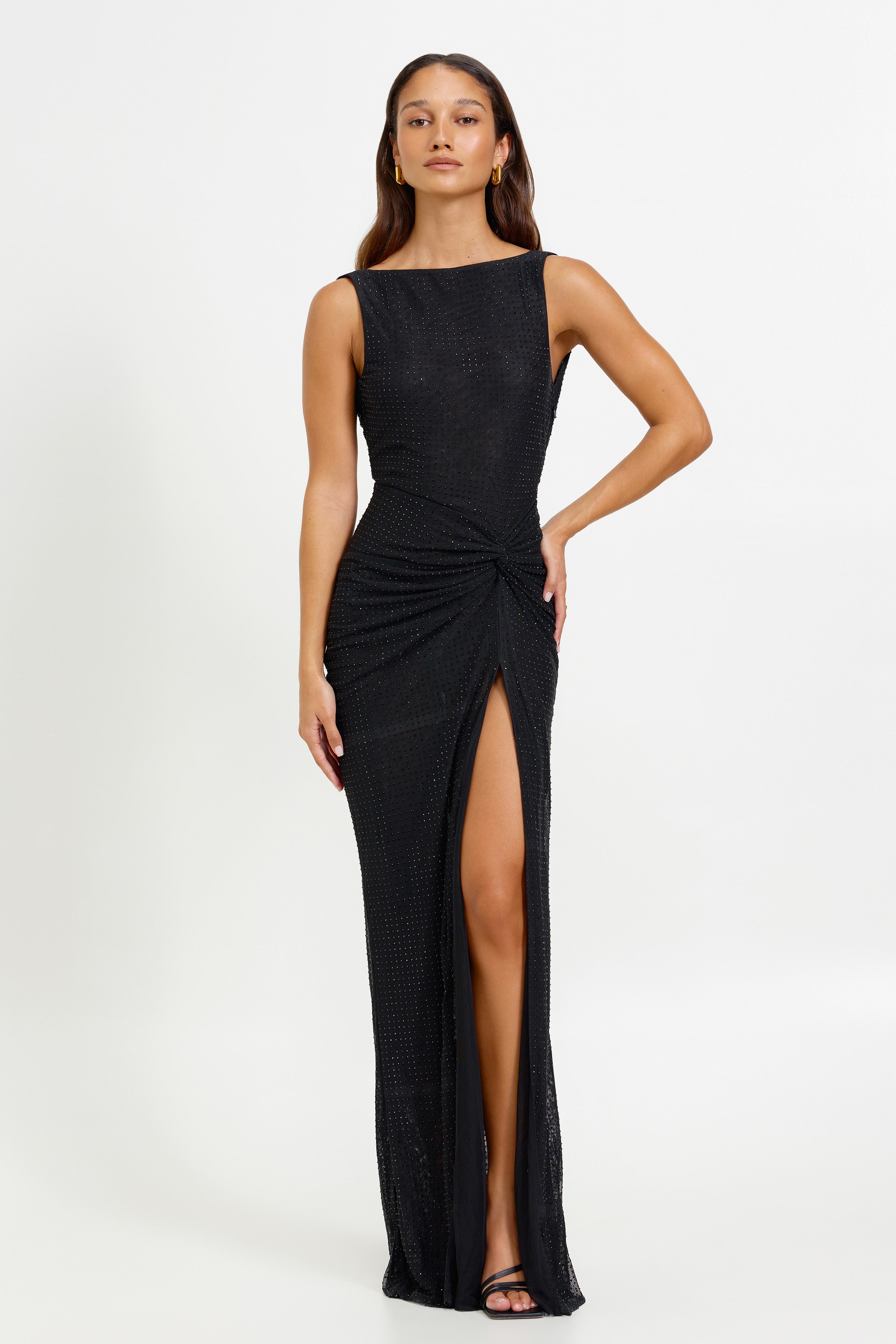 Maree Dress featuring a sleeveless fitted design with side slit and textured fabric in black for formal and black tie events