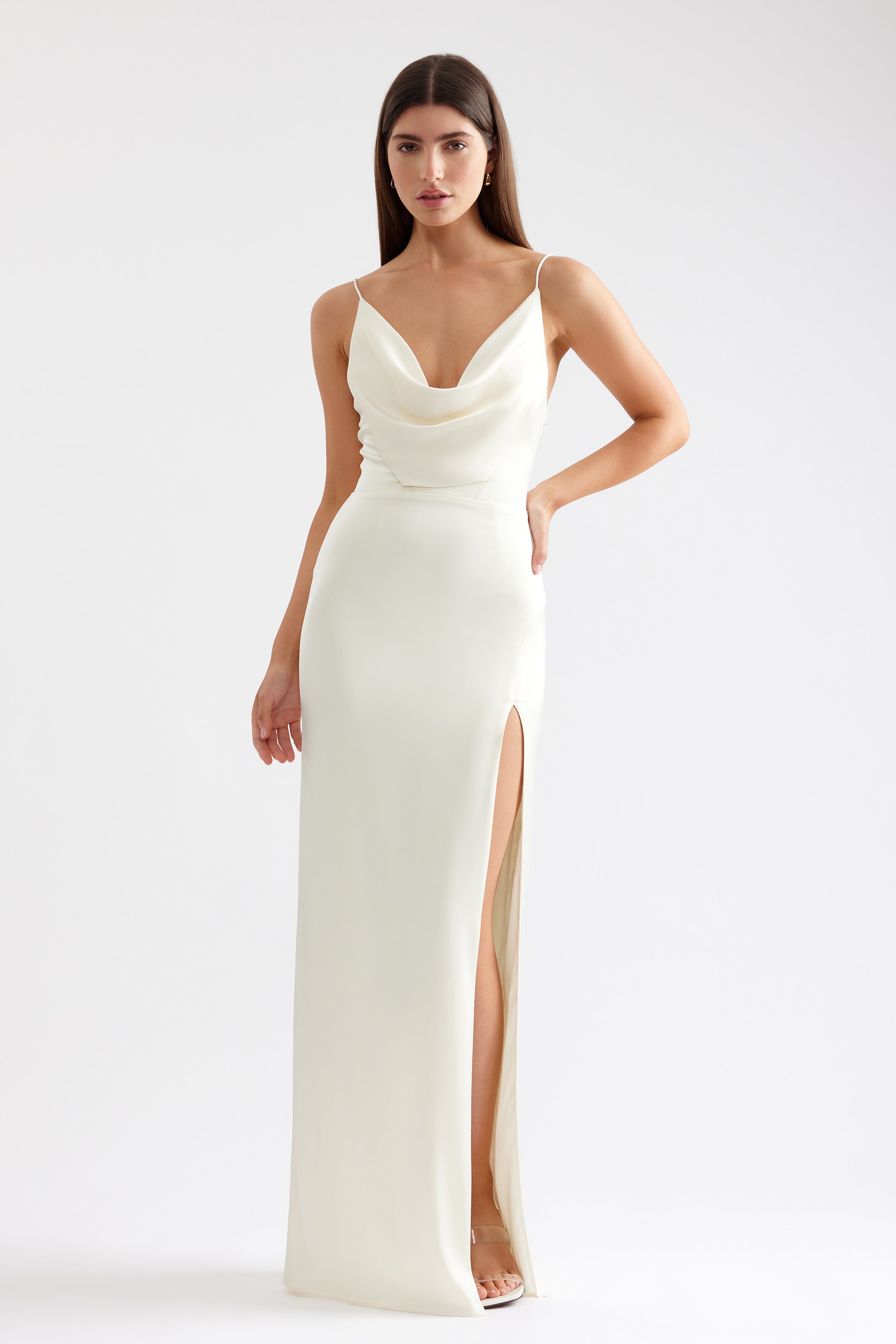 Marion Dress elegant draped neckline with slim straps and thigh-high split in buttery cream for formal black tie occasions by Studio Lexi