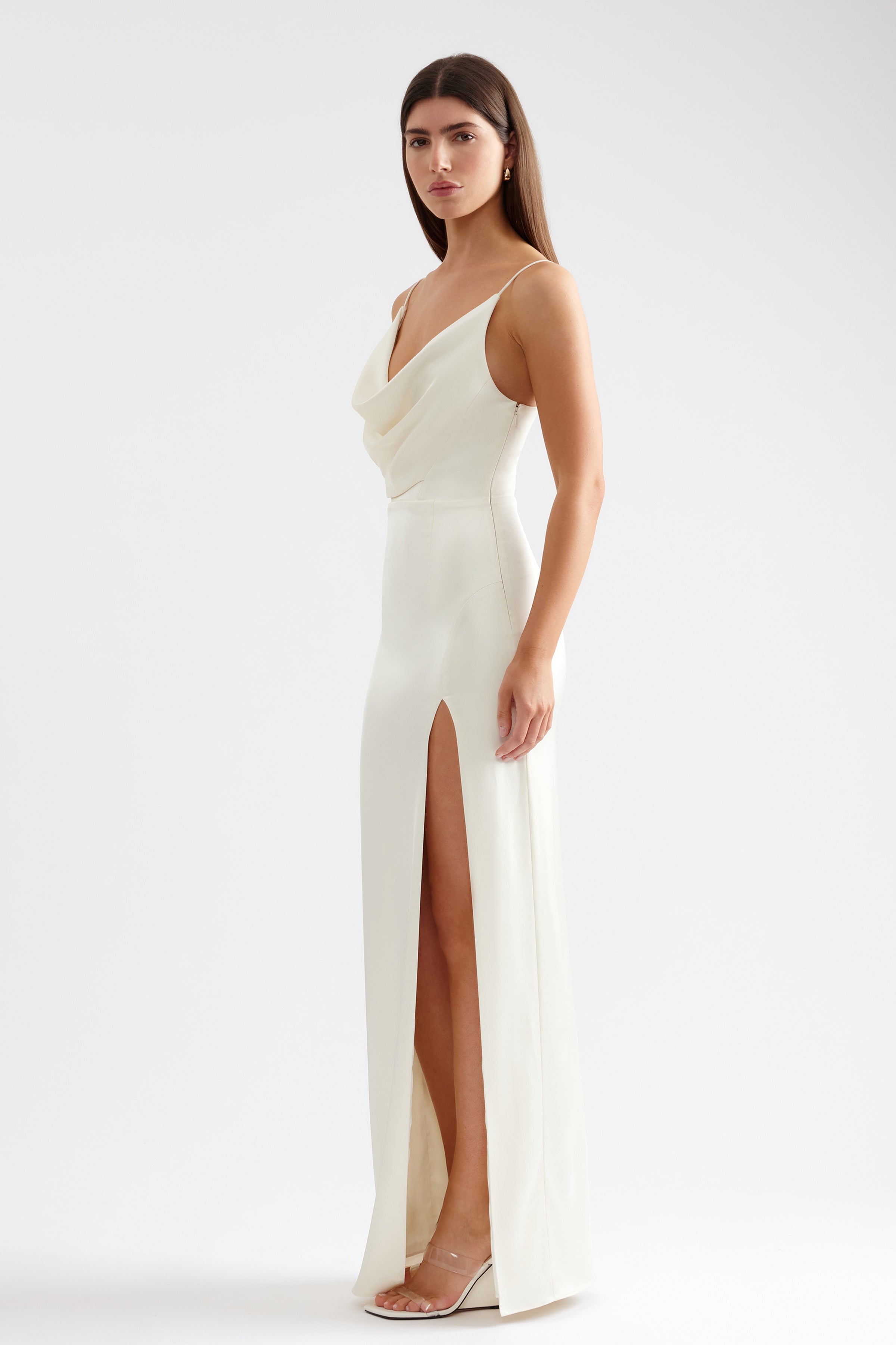 Marion Dress elegant draped neckline with slim straps and thigh-high split in butter cream for formal occasions by Studio Lexi