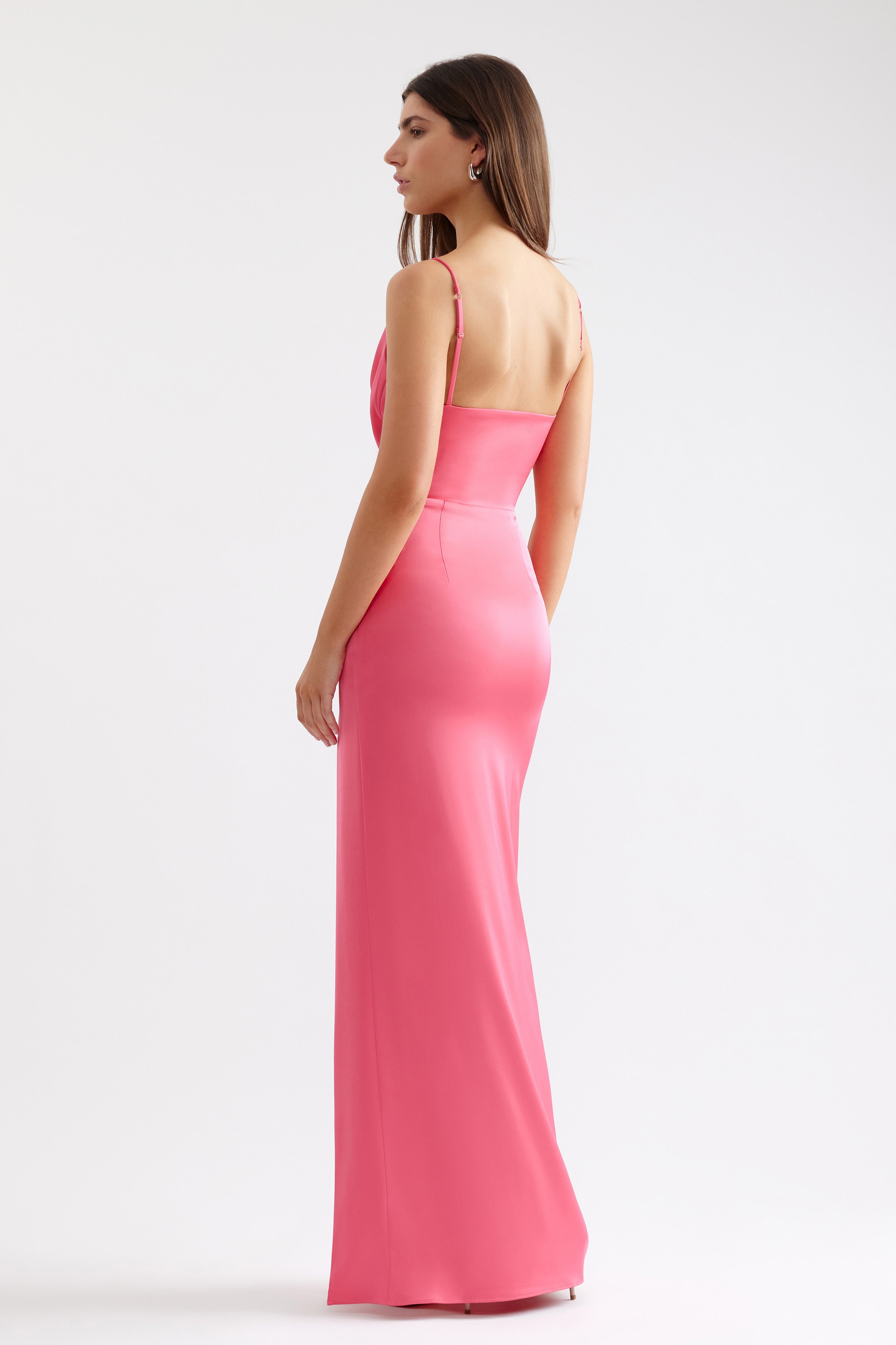 Marion Dress sleek fitted silhouette with thin straps and open back in vibrant deep pink by Studio Lexi