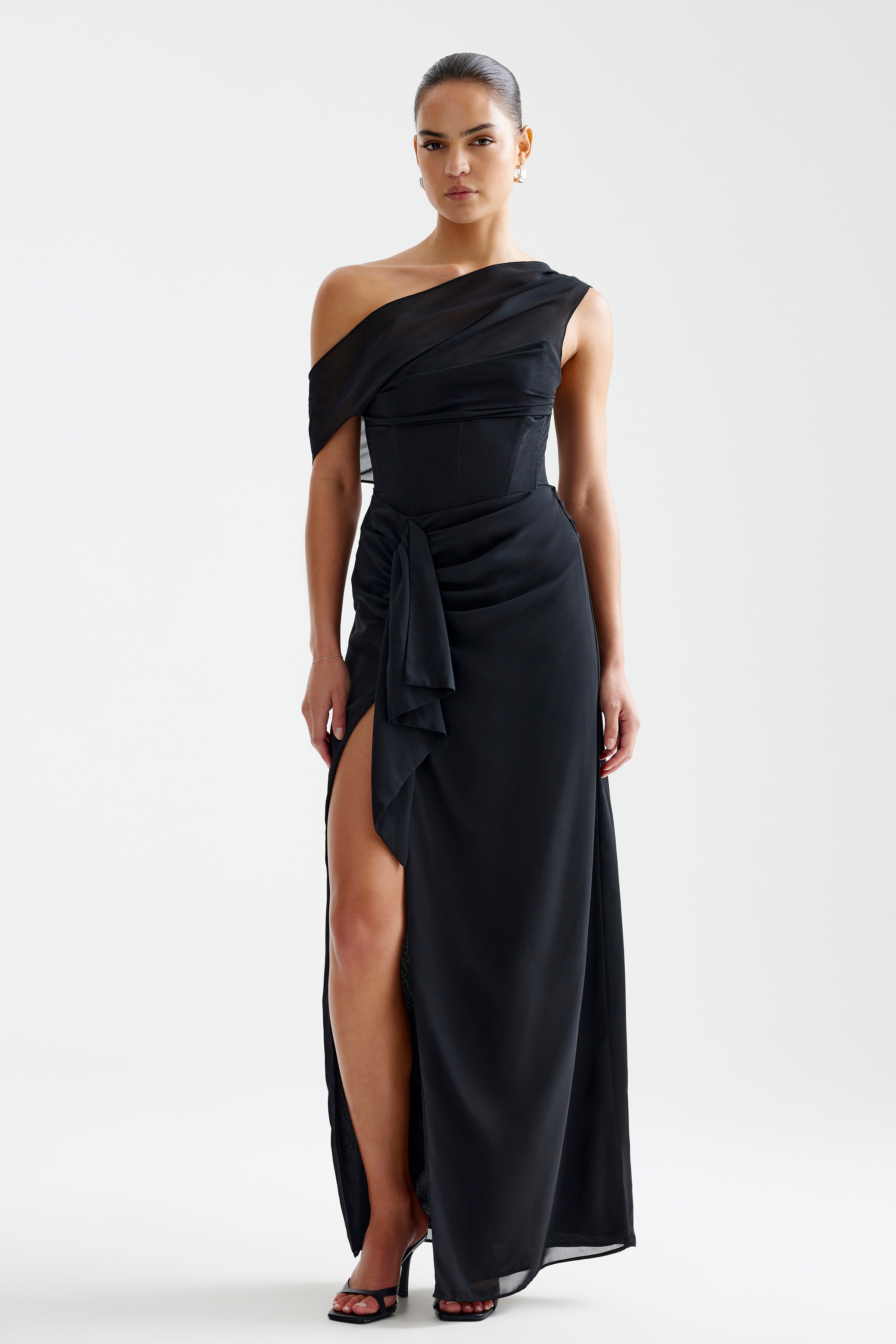 Mirelle Dress black tie design with one-shoulder draped sleeve and thigh-high split by Studio Lexi
