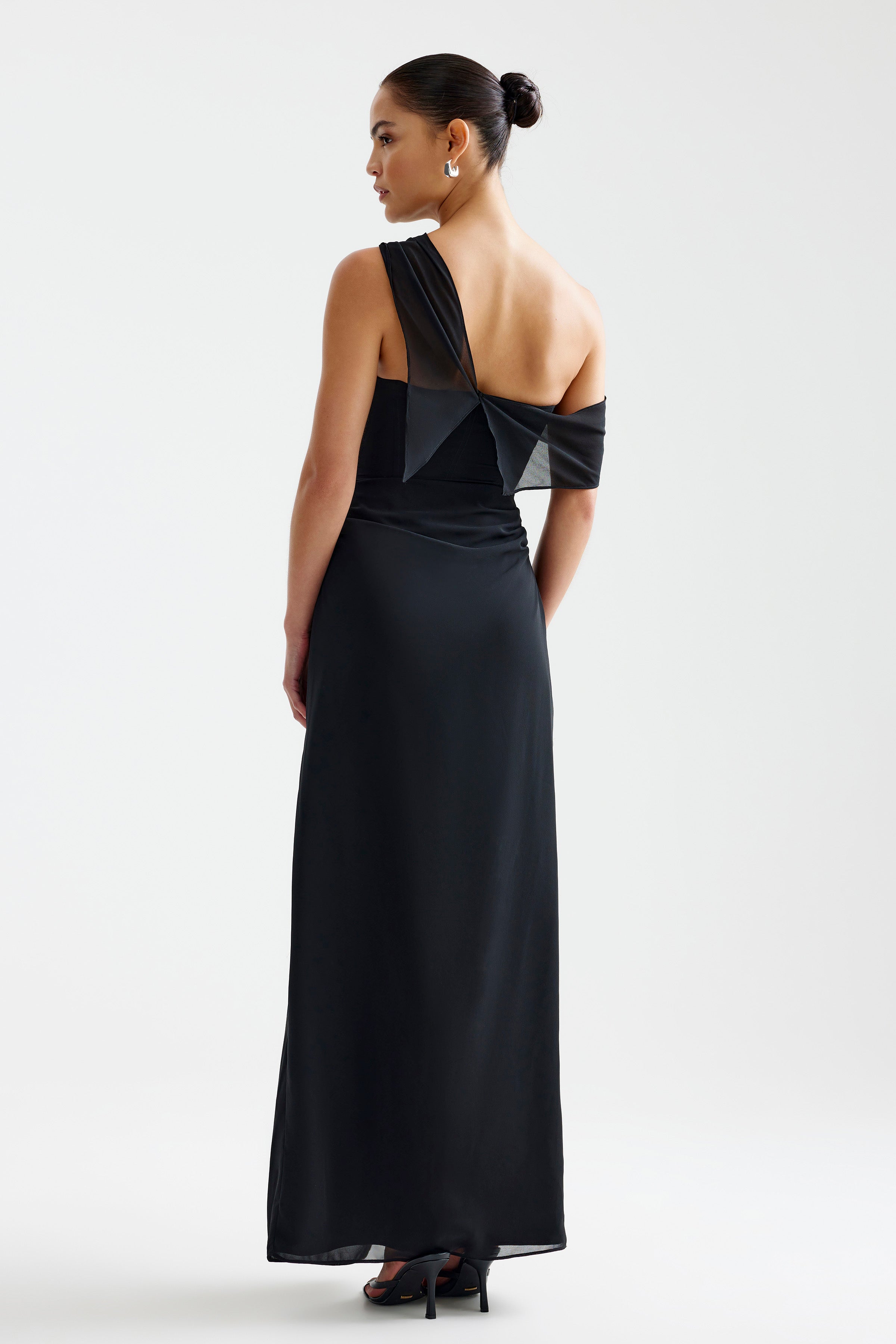 Mirelle Dress featuring an asymmetric one-shoulder sleeve and elegant back detail in black by Studio Lexi