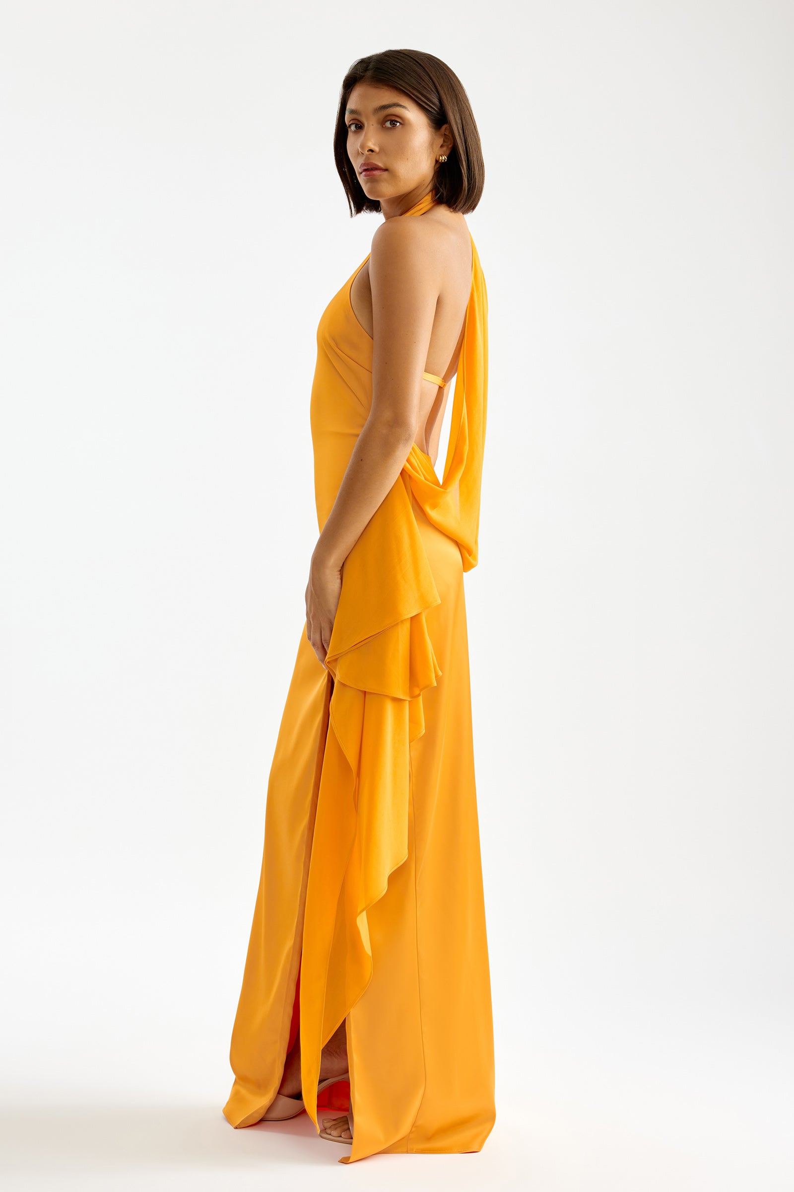 yellow orange dress Mona Dress Orange High Neck Satin Gown