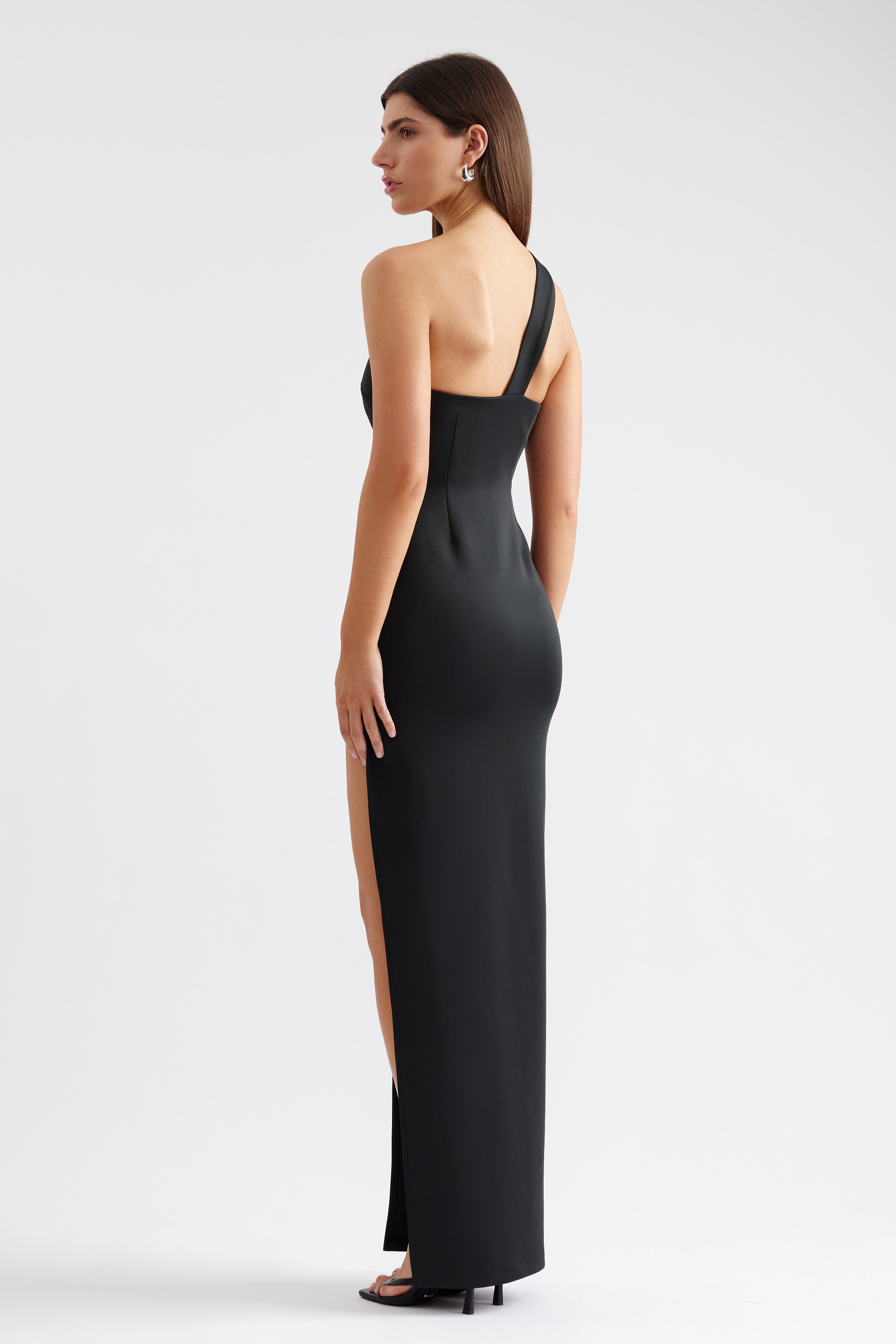 Natalie Dress sleek backless one-shoulder black gown with high side split for formal and black tie occasions by Studio Lexi