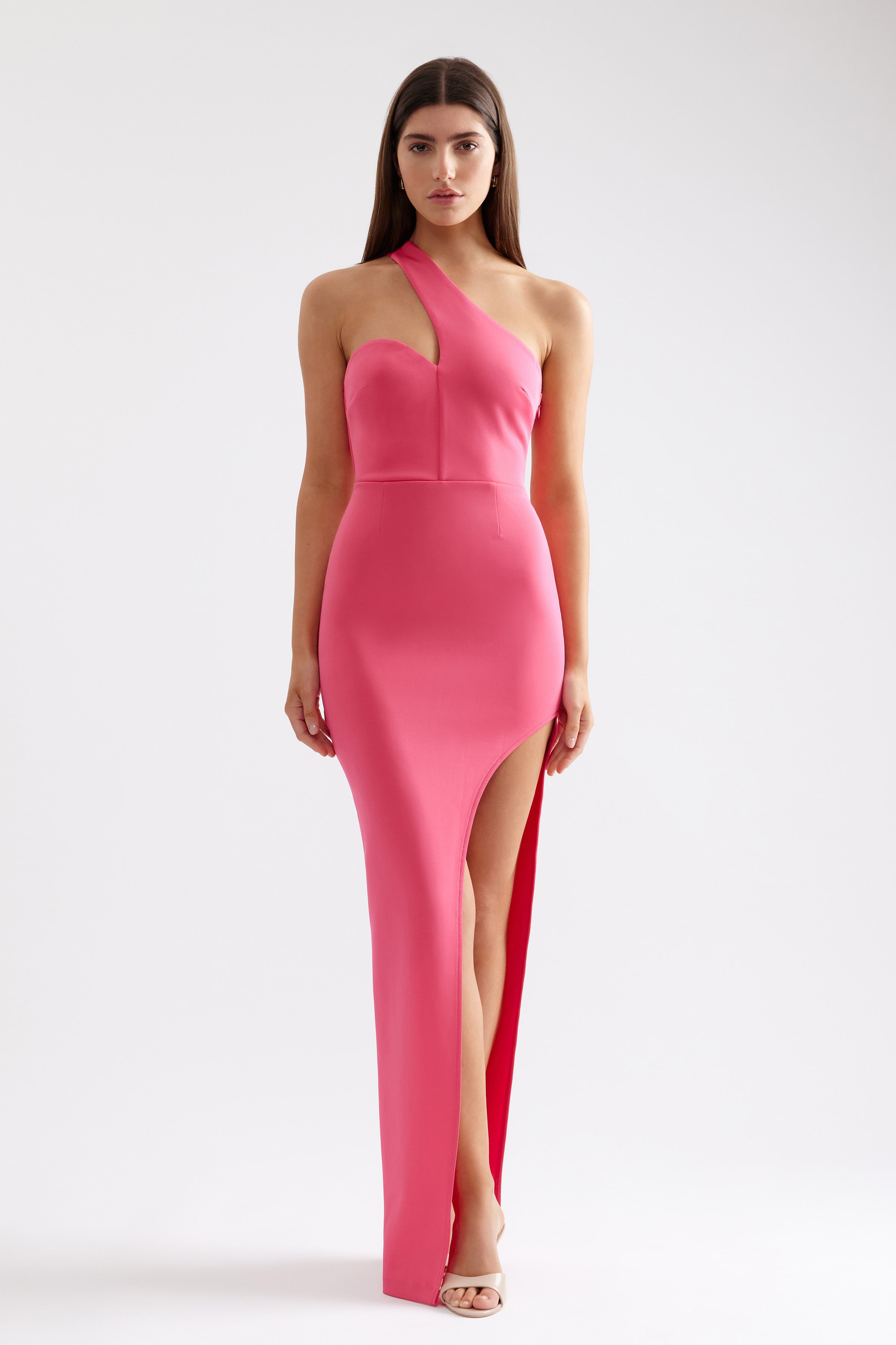 Natalie Dress sleek one-shoulder gown with high side split in deep pink for formal, party, and wedding guest events