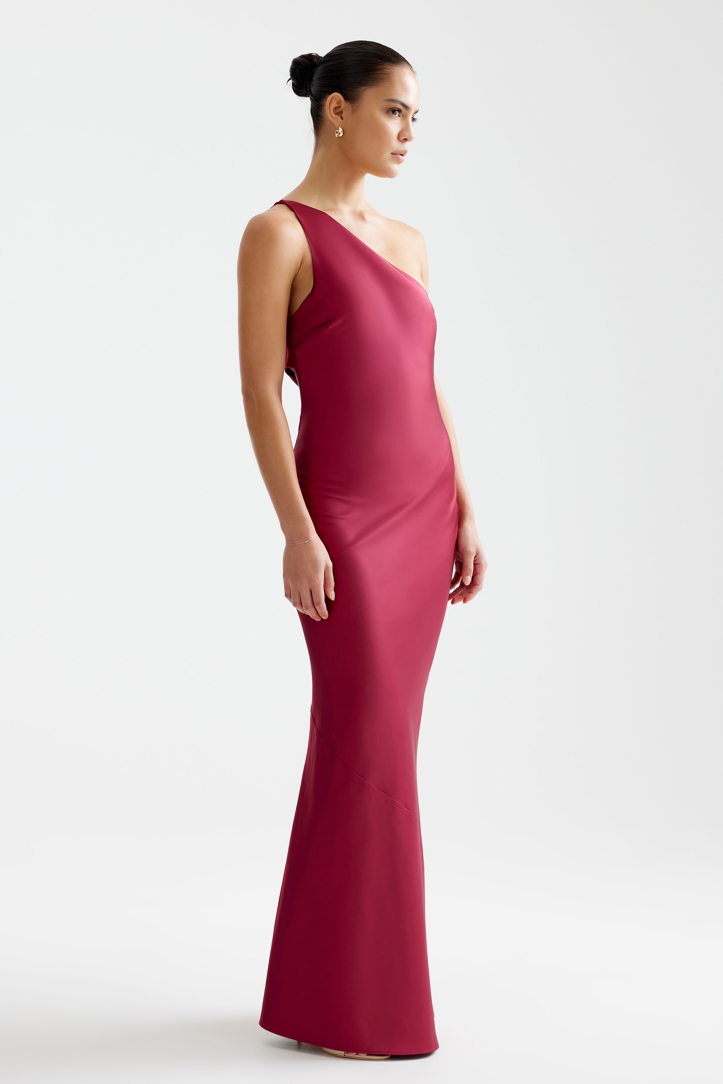 Nola Dress featuring a sleek one-shoulder silhouette in rich wine for sophisticated formal and evening occasions