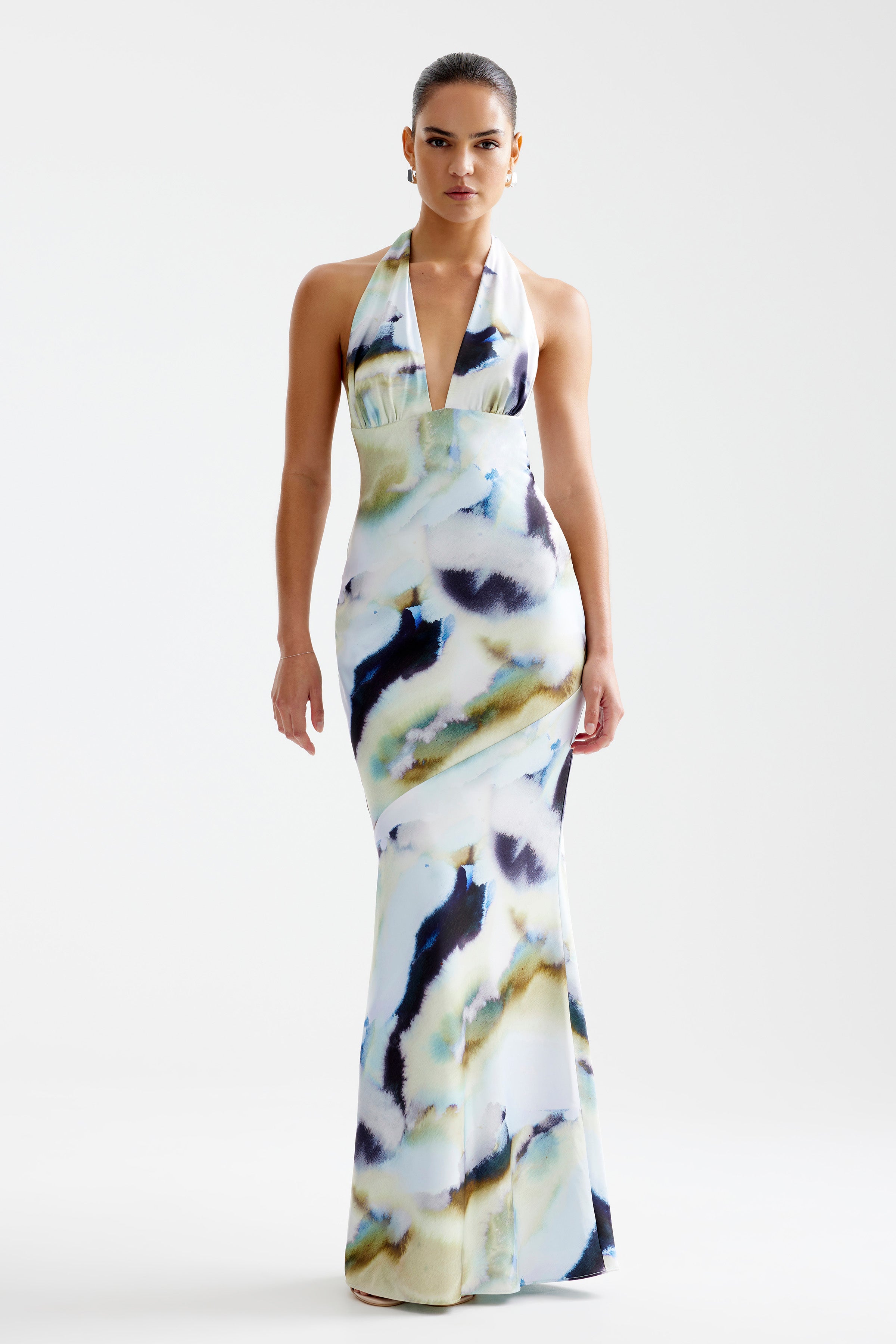 Novia Dress featuring a halter neckline and fitted silhouette with blue mineral print for formal and black tie events