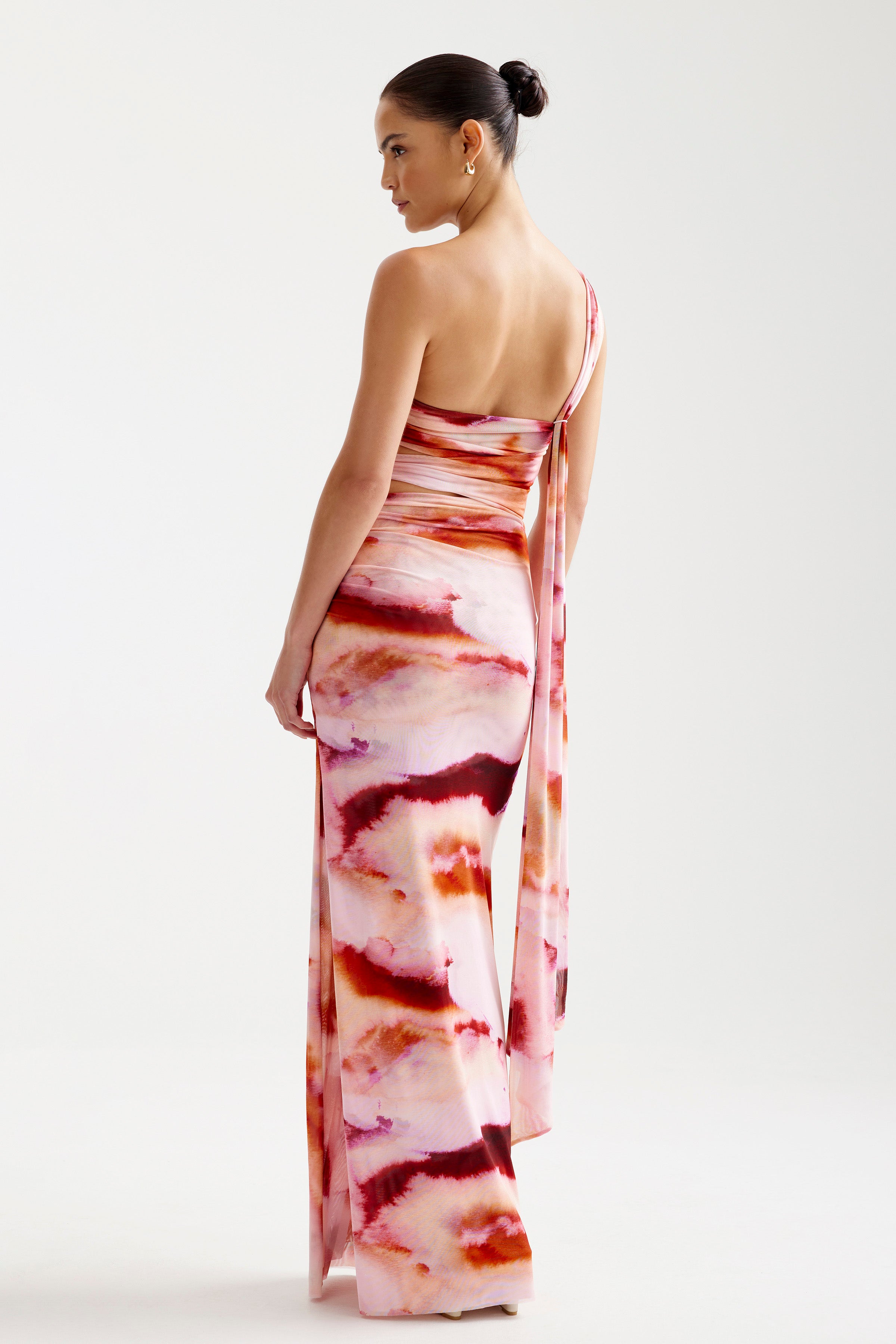 Nuri Dress flowing design with one-shoulder tie and pink mineral print for formal and cocktail occasions by Studio Lexi