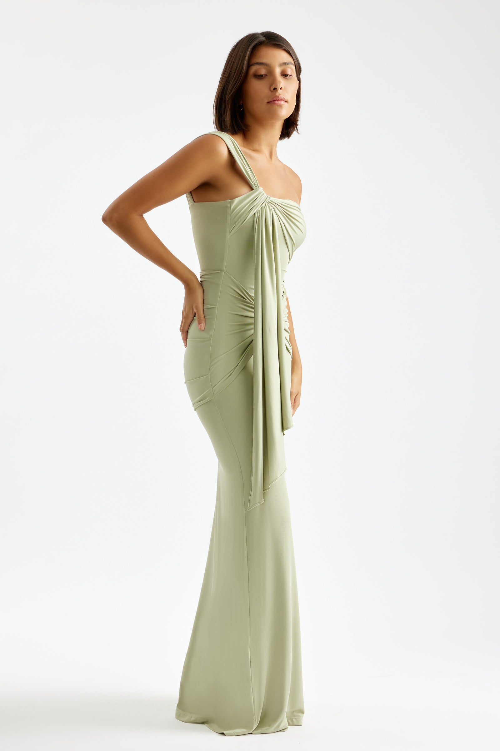 Nyla Dress asymmetrical neckline with gathered drape detail in sage for formal and bridesmaid occasions by Studio Lexi