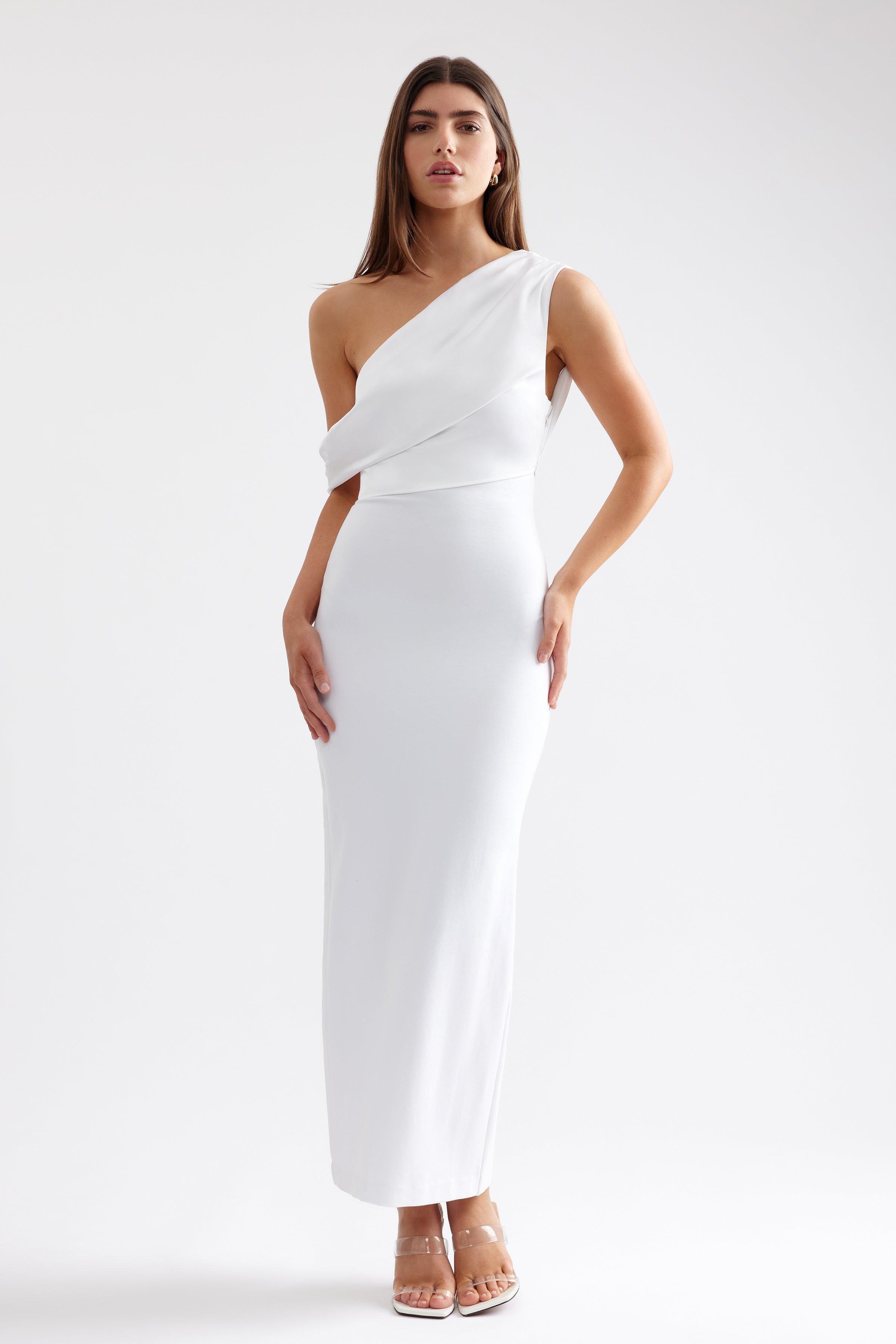 Rita Dress fitted one-shoulder gown in white with asymmetrical neckline for formal and cocktail occasions by Studio Lexi