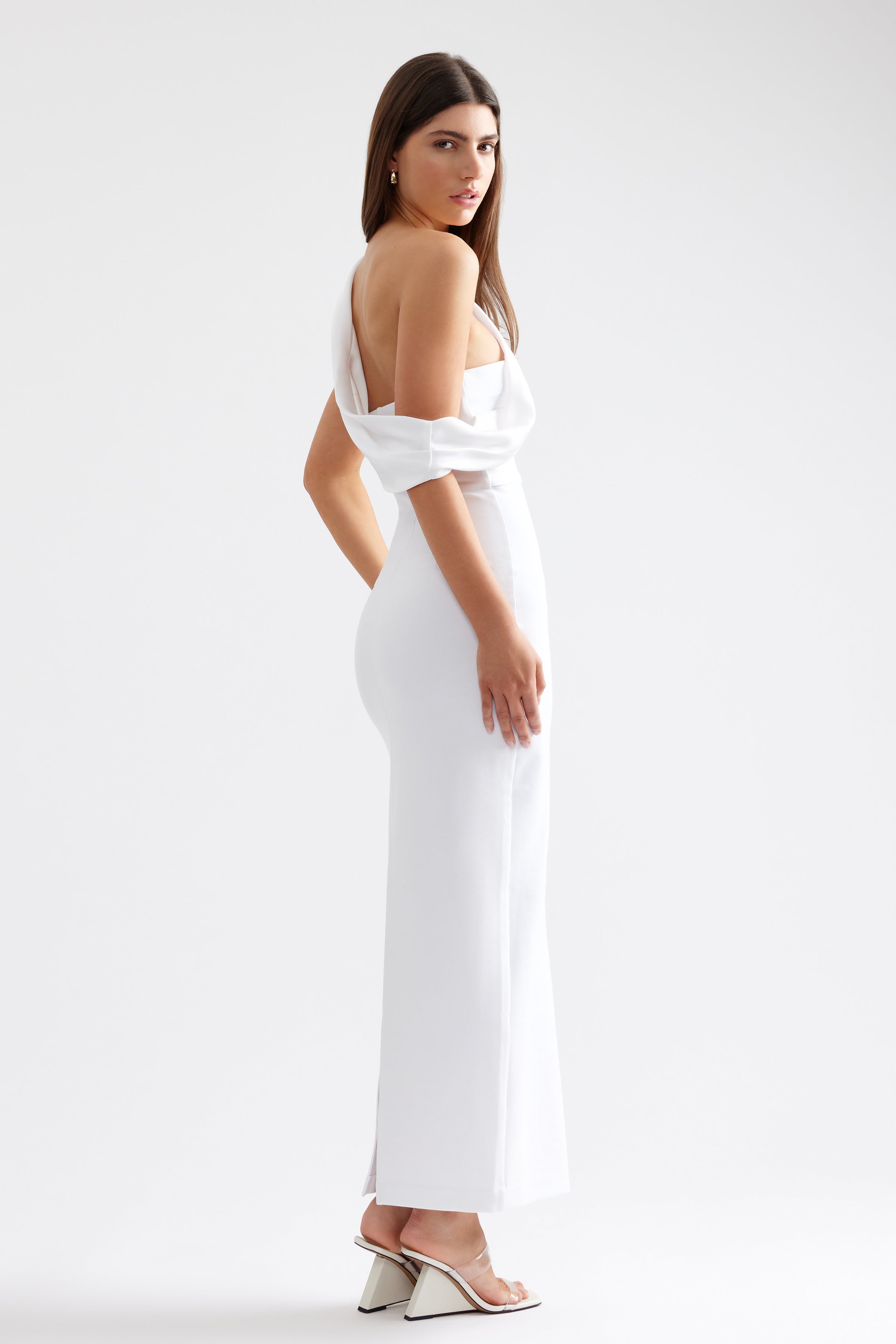 Rita Dress white fitted strapless gown with off-shoulder sleeves and side slit for formal and cocktail occasions by Studio Lexi
