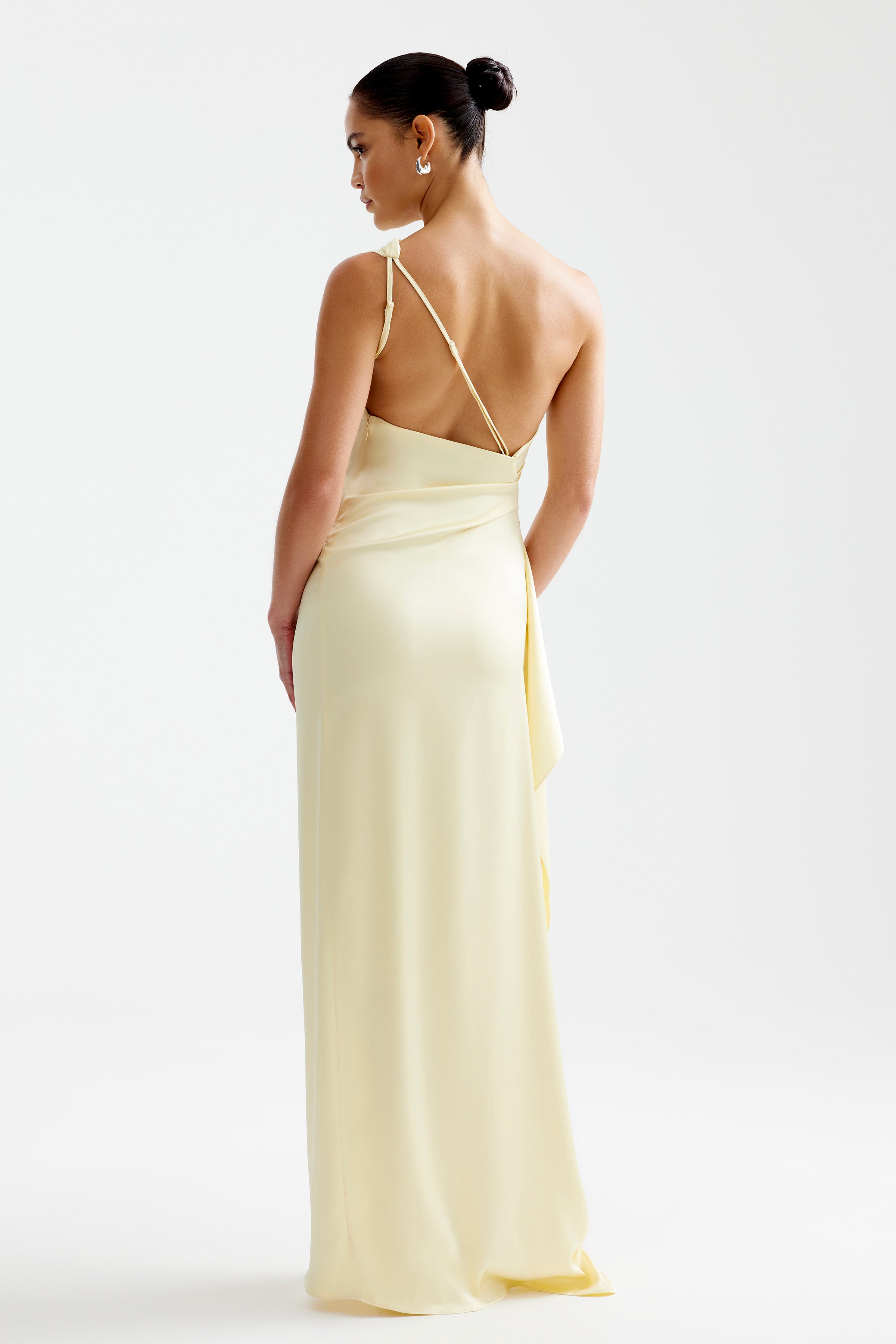 Samira Dress backless design with single strap and small train in soft limoncello yellow for formal and black tie occasions