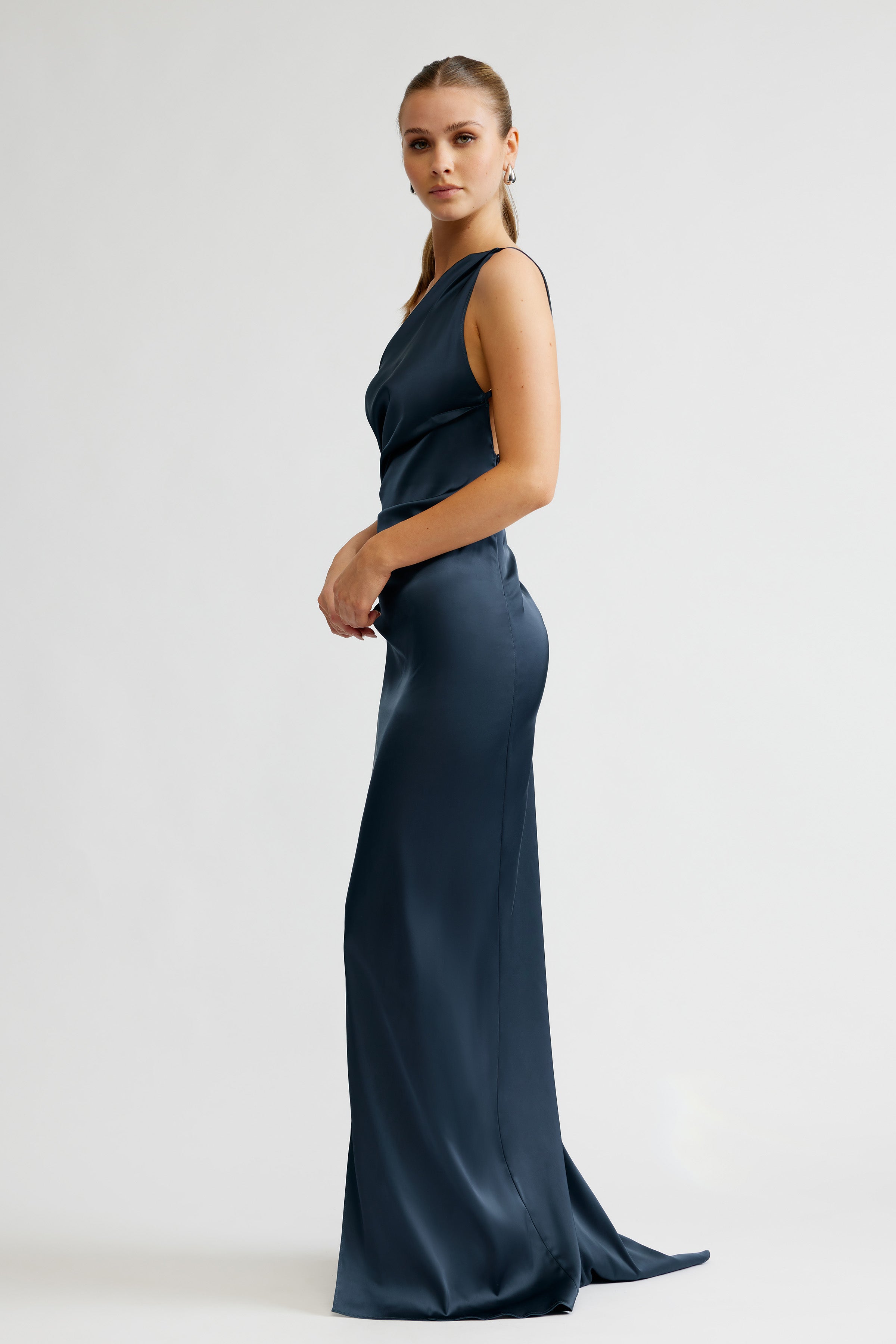 Samira Dress sleek floor-length gown with elegant draped bodice and backless detail in deep orion blue satin for formal events